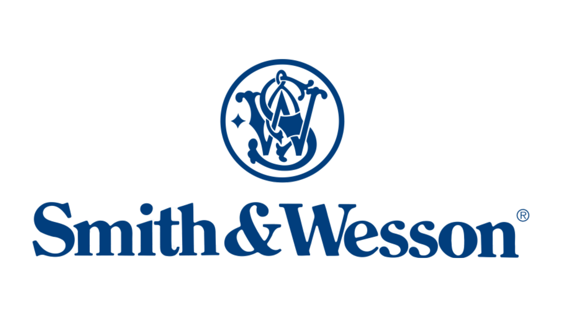 Smith & Wesson logo featuring stylized initials "S&W" in a circular emblem above the company name in blue text, representing their legacy in firearms.