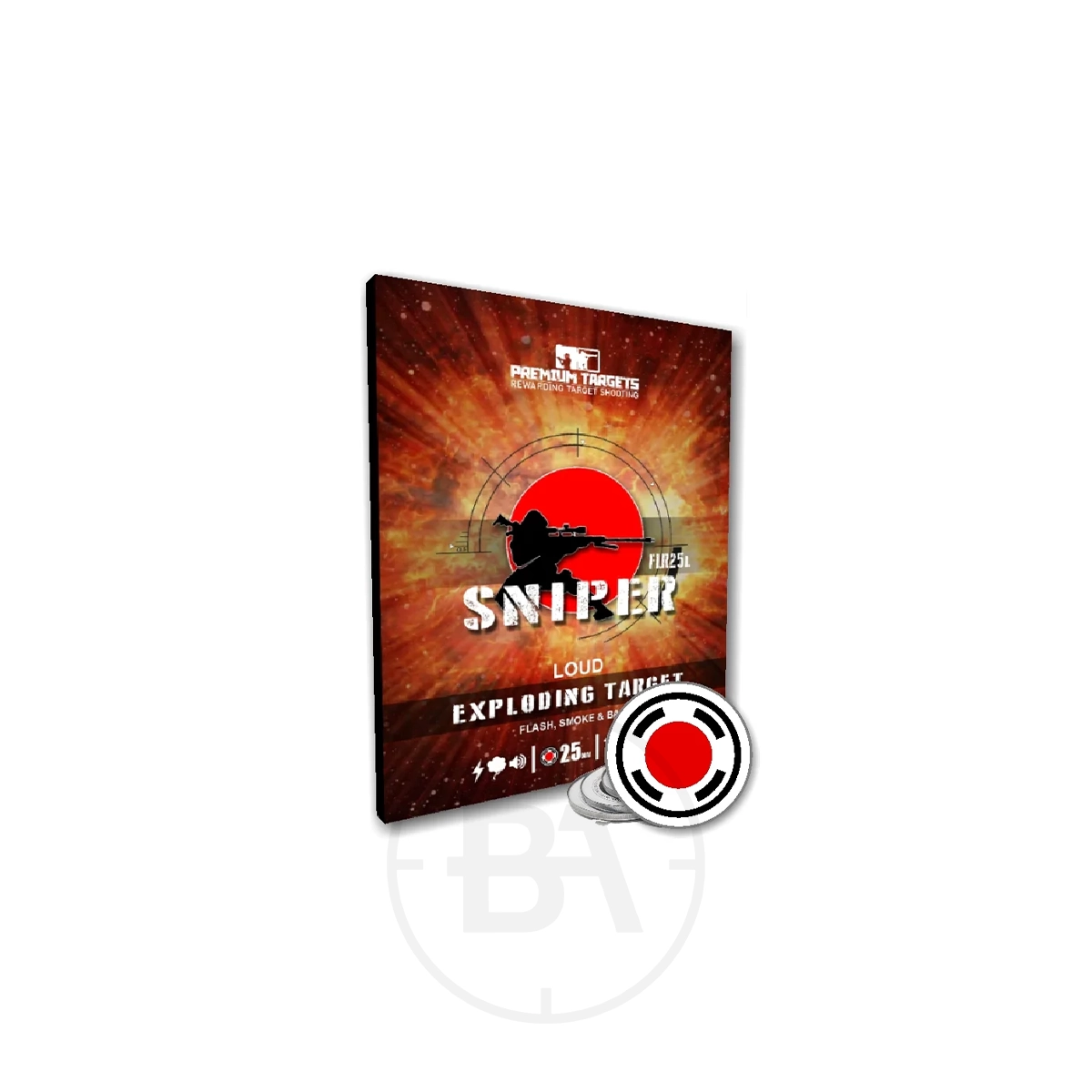 10 Premium Sniper Exploding Targets 1 A rectangular package labeled "10 Premium Sniper Exploding Targets" features a target graphic and a red-and-black bullseye, making it an ideal exploding target choice for shooting enthusiasts.