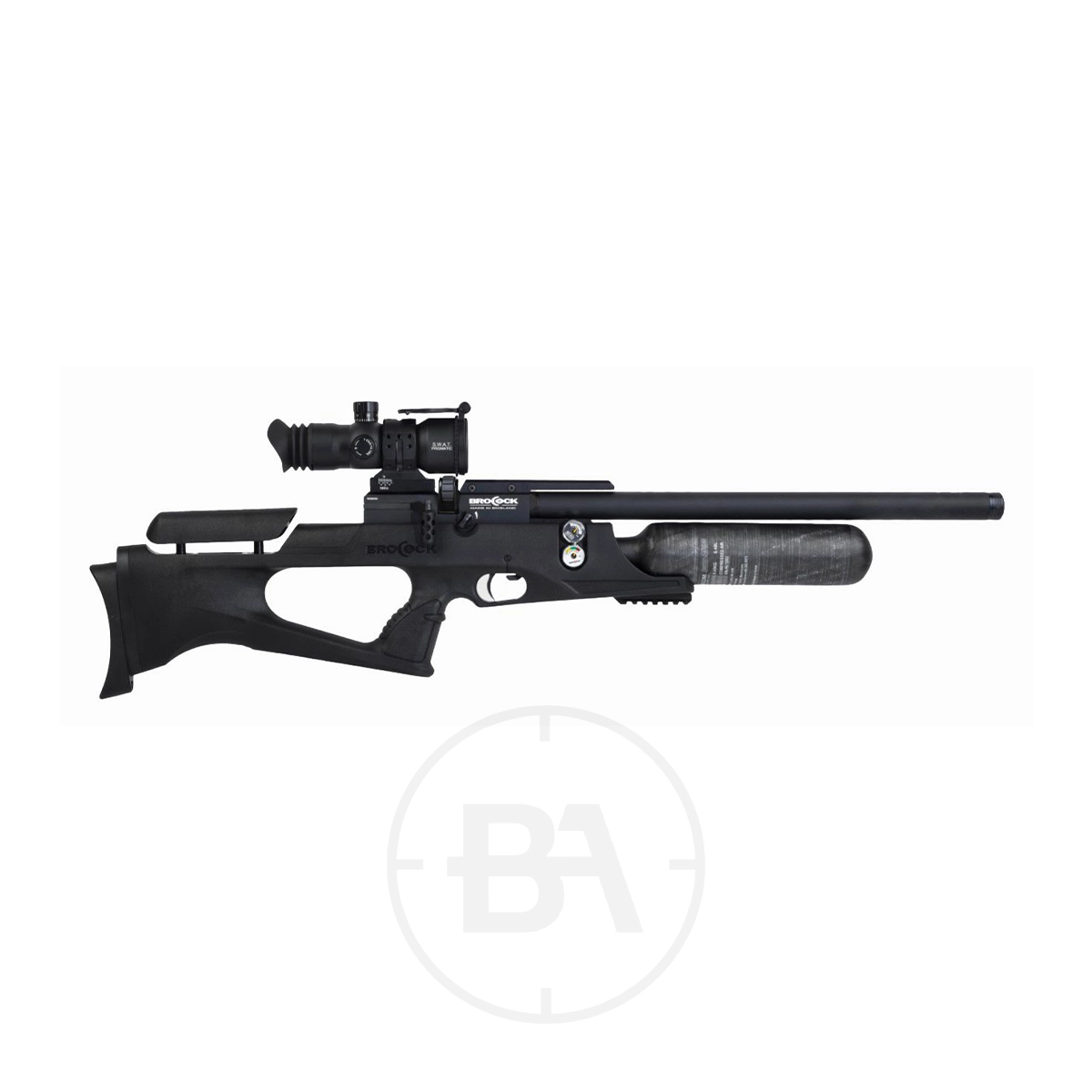 Brocock Sniper XR PCP Air Rifle 1 Side view of a black precision air rifle with a scope mounted on top and a cylindrical air tank beneath the barrel, displayed on a white background.