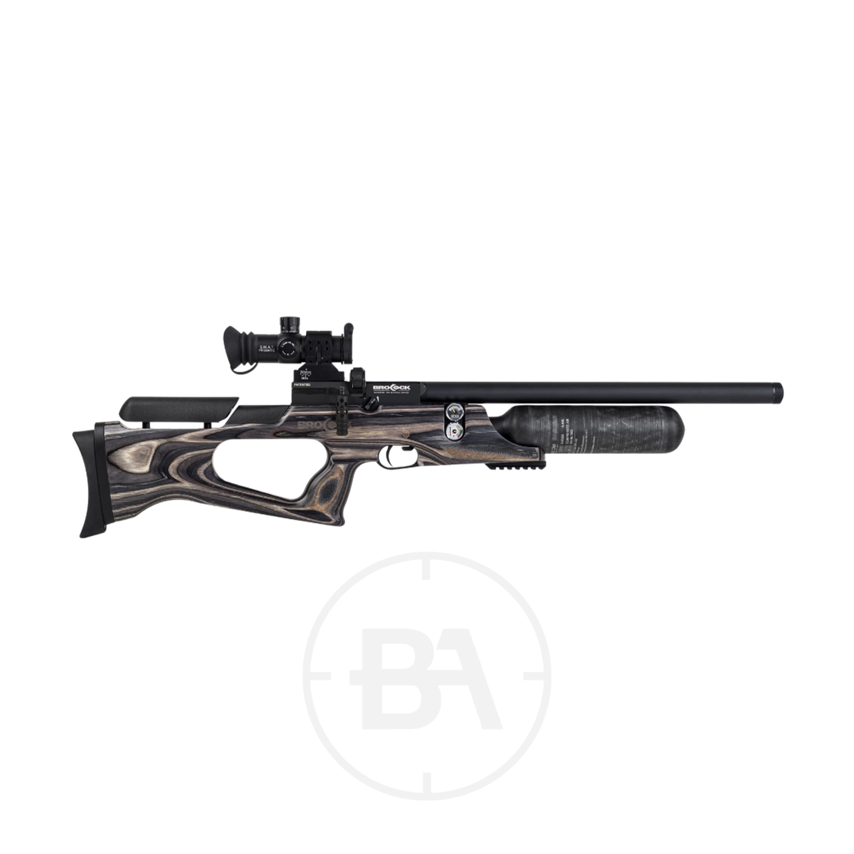 Brocock Sniper XR PCP Air Rifle 3 Side view of a modern air rifle with a wooden stock, mounted scope, and carbon fiber air cylinder against a white background.