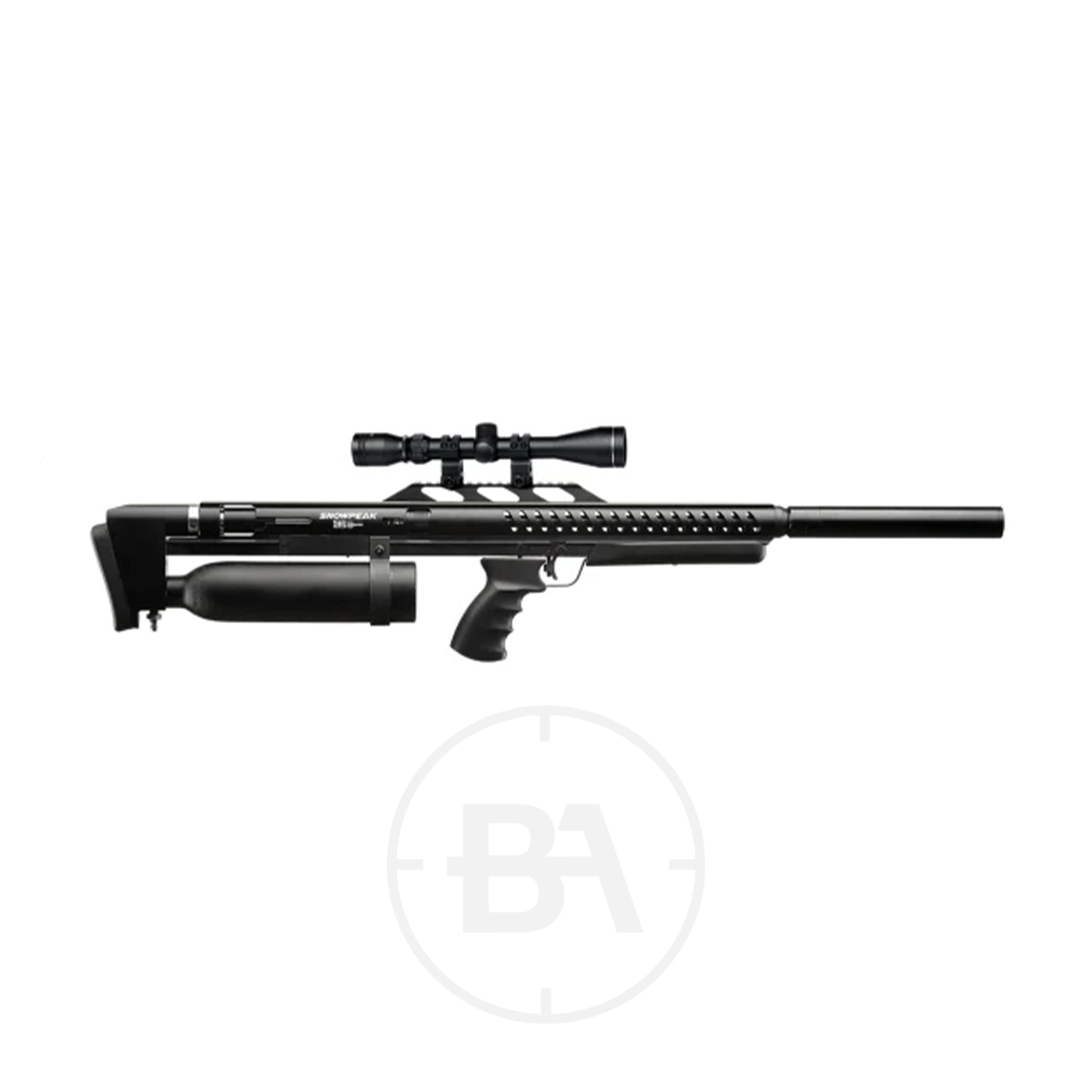 Snowpeak P18 Regulated PCP Air Rifle 1 Side view of a Snowpeak P18 PCP Air Rifle, featuring a mounted scope and air tank, shown isolated against a white background.