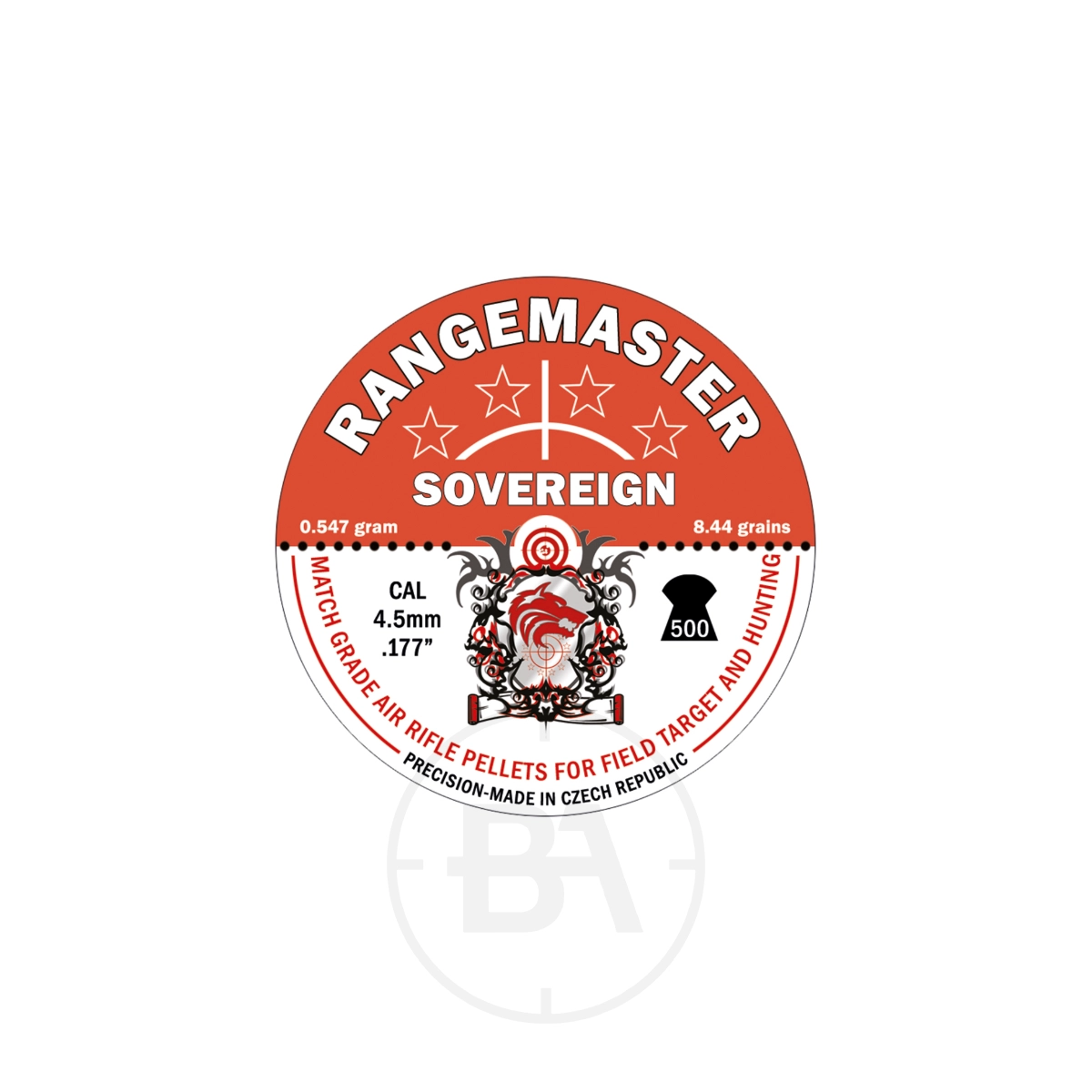 Rangemaster Sovereign .177 , 8.44gr 4.50 (500) 1 A round tin labeled "Rangmaster Sovereign .177, 8.44gr 4.50" contains 500 premium pellets, perfect for field target and hunting.