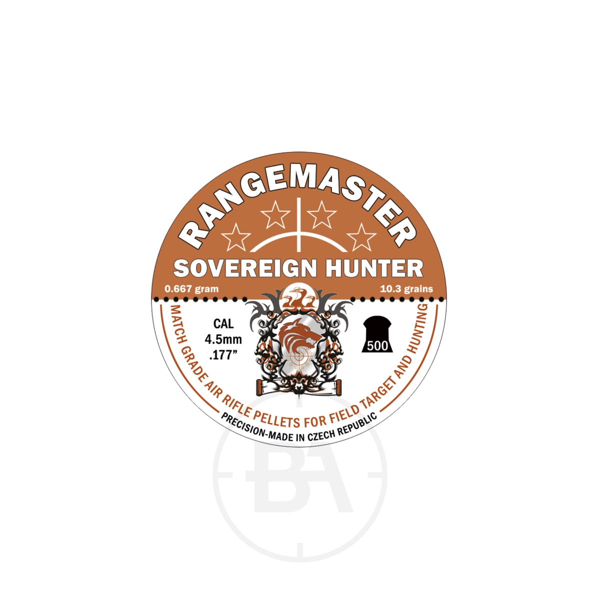 Rangemaster Sovereign Hunter .177 , 10.33 gr 4.50 (500) 1 Brown and white label for Rangemaster Sovereign Hunter .177, 10.33 gr, 4.50mm, 500 count; made in Czech Republic; perfect for field target and hunting.