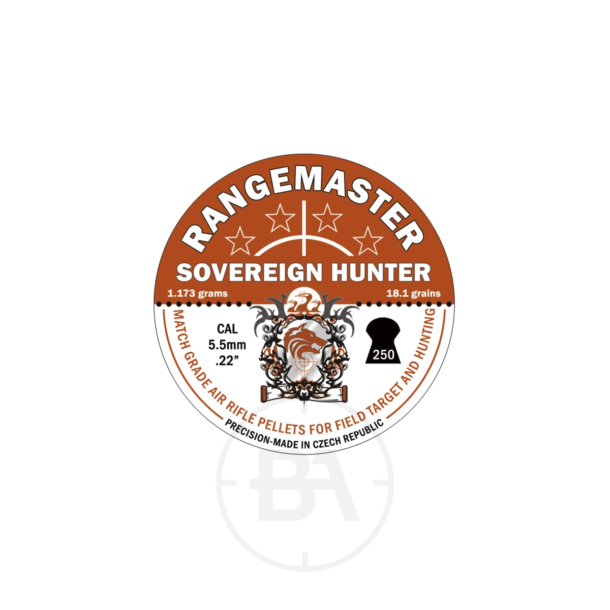 Rangemaster Sovereign Hunter .22 18.13gr 5.50 (250) 1 Round label for Rangemaster Sovereign Hunter air rifle pellets, brown and white design. Holds 500 count, .177 caliber (4.50mm), 0.67 grams, 10.33 grains—also available in .22 calibers and 18.1 gr options.