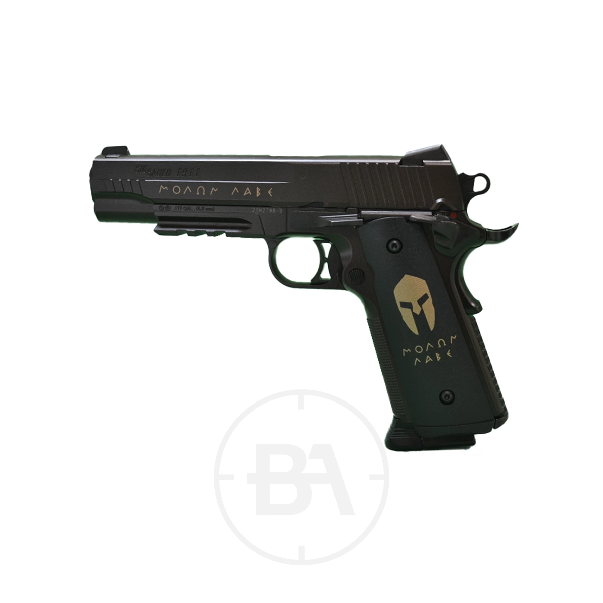 Sig Sauer 1911 Spartan CO2 Pistol 1 A black Sig Sauer 1911 Spartan CO2 Pistol featuring gold Greek letters and a Spartan helmet symbol is shown on a white background.
