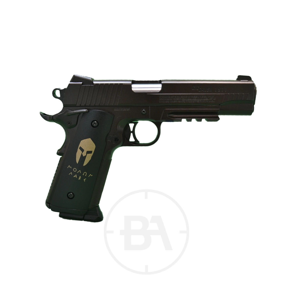 Sig Sauer 1911 Spartan CO2 Pistol 3 A Sig Sauer 1911 Spartan CO2 Pistol, black with a gold helmet logo and Greek text on the grip, displayed on a white background.