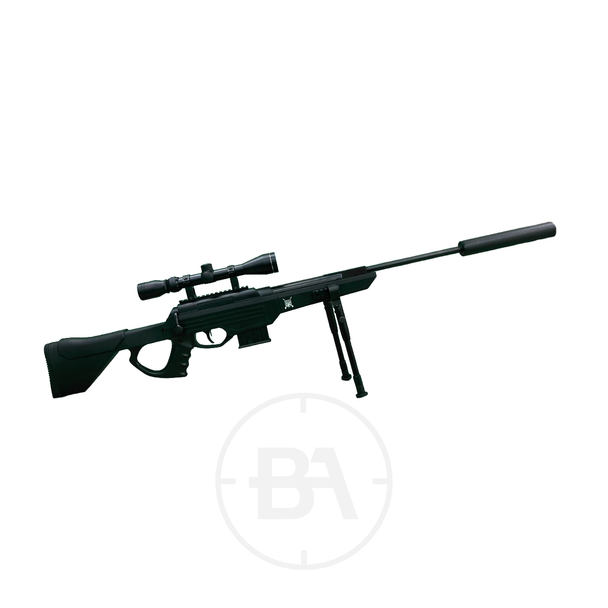 Spec Ops Sniper MKII Gas Ram Air Rifle Package With Scope & Carry Case 1 The Spec Ops Sniper MKII Gas Ram Air Rifle Package with scope and carry case is shown in black on a white background.