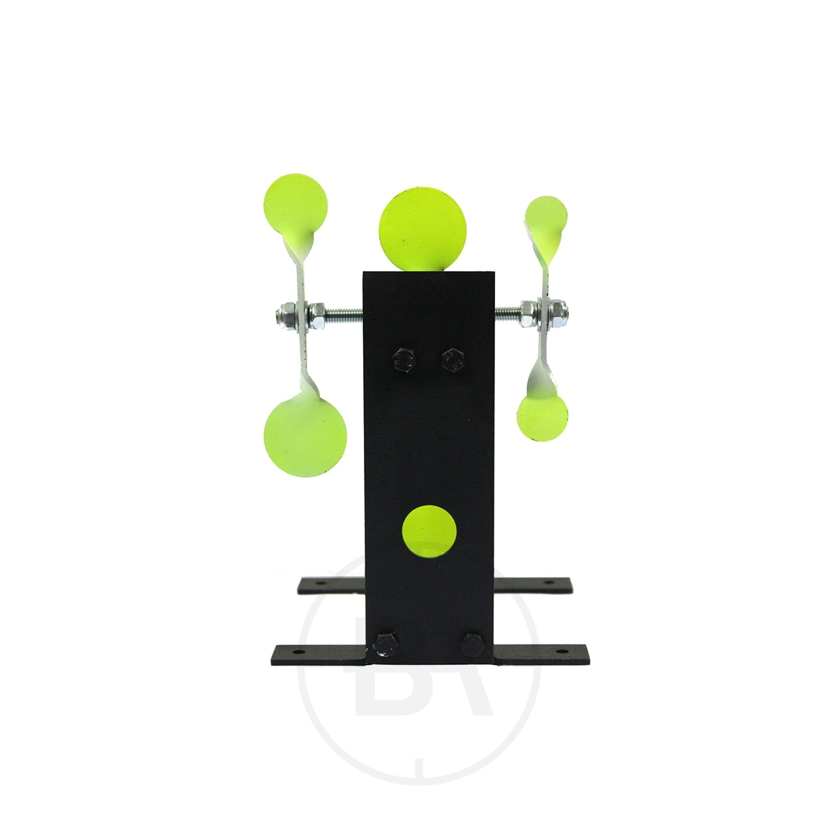 Killzone Resetting Target Plate With Side Spinners 1 The Killzone Resetting Target Plate With Side Spinners is a black metal stand featuring four rotating neon yellow side spinners and a central neon yellow disc, ideal for shooting practice.