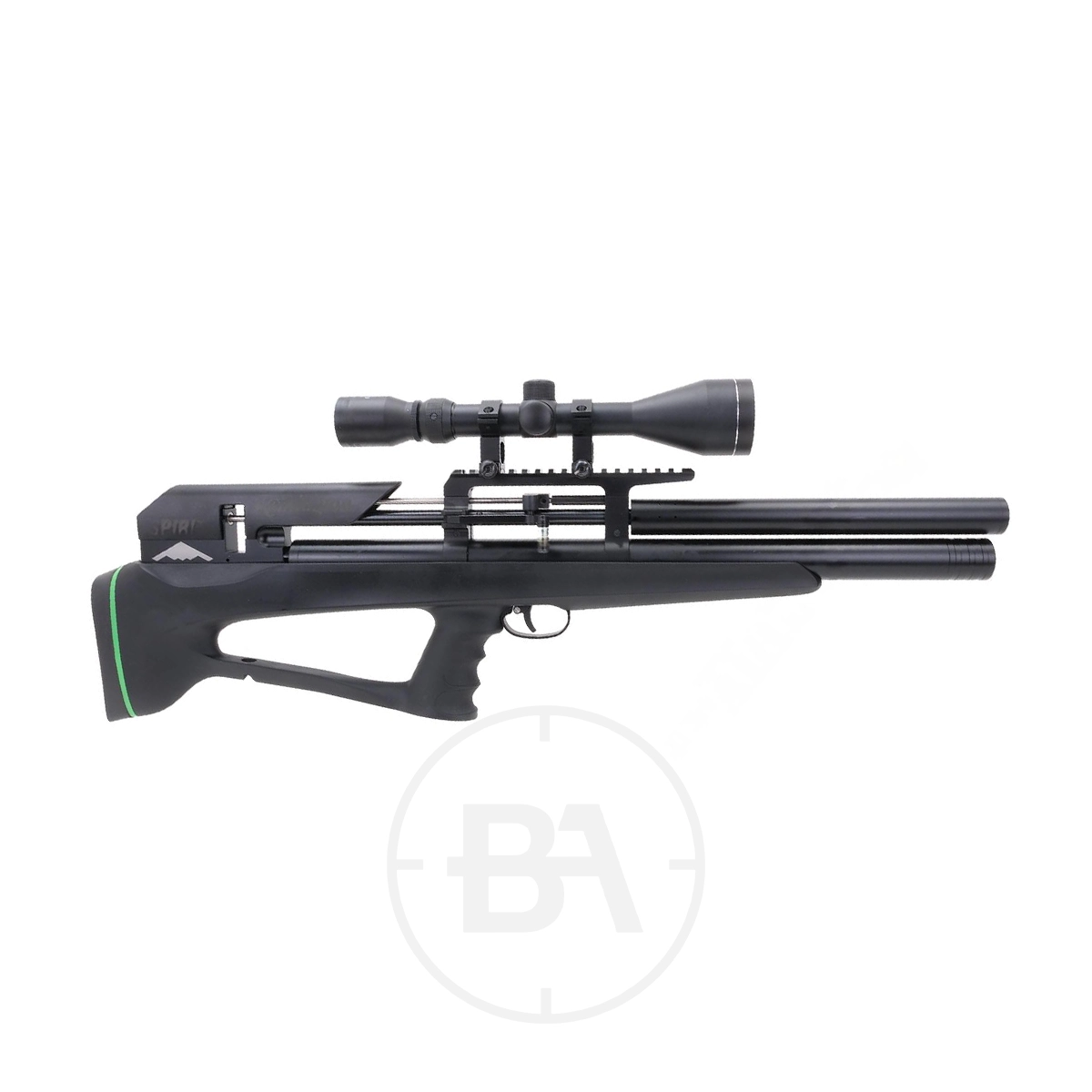 Remington Spirit Bullpup PCP Air Rifle With Scope 1 The Remington Spirit Bullpup PCP Air Rifle With Scope is a black air rifle featuring a Spirit-inspired stock and two parallel air cylinders beneath the barrel.