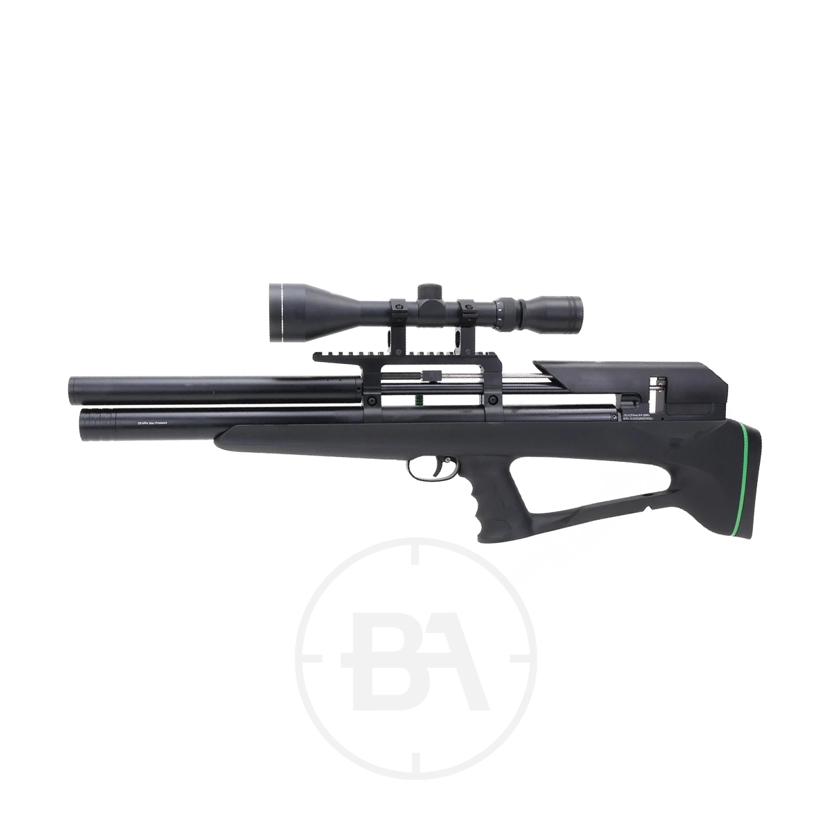 Remington Spirit Bullpup PCP Air Rifle With Scope 3 The Remington Spirit Bullpup PCP Air Rifle With Scope features a compact black design with green padding on the stock and comes equipped with a mounted scope.