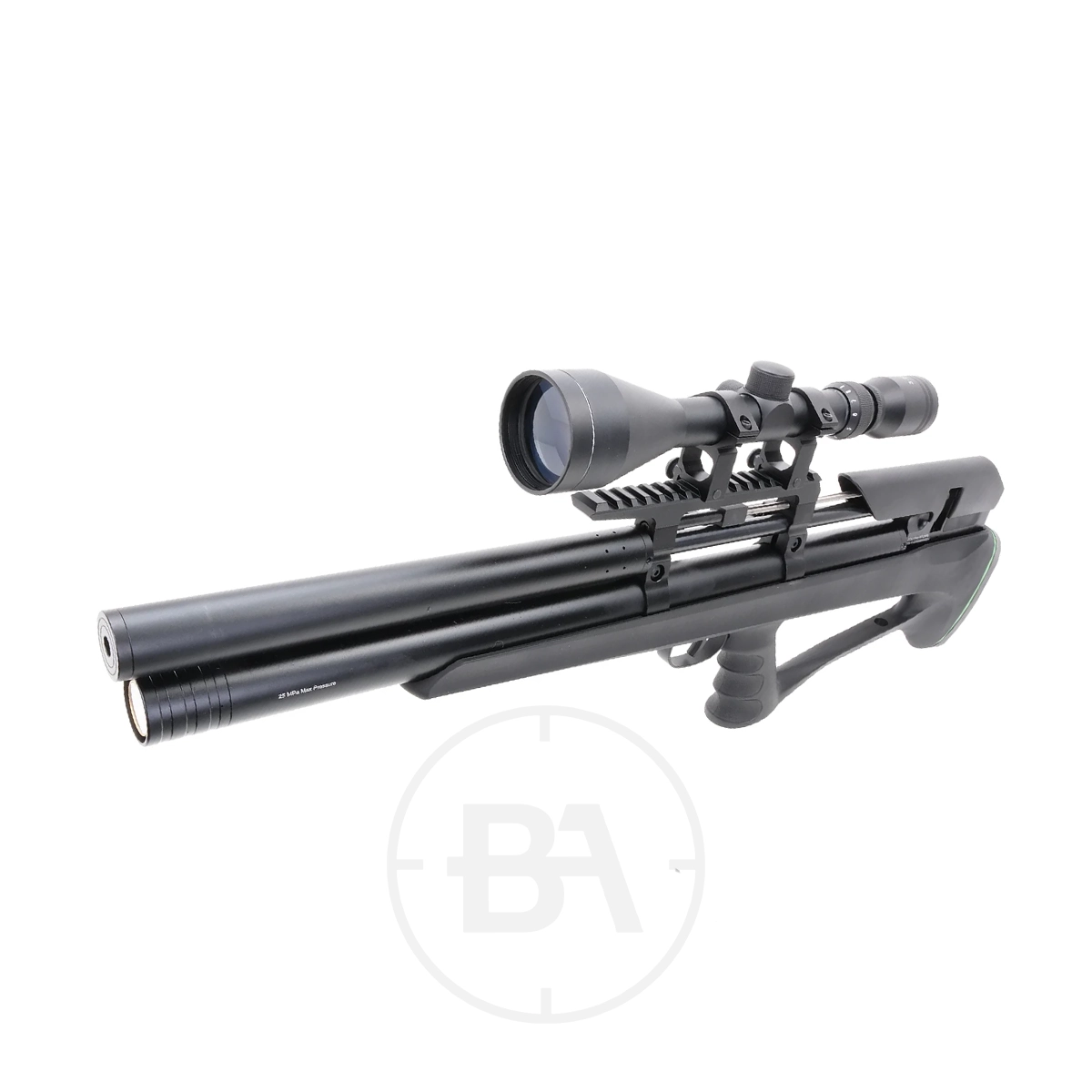Remington Spirit Bullpup PCP Air Rifle With Scope 5 The Remington Spirit Bullpup PCP Air Rifle With Scope, in black, is shown on a white background.