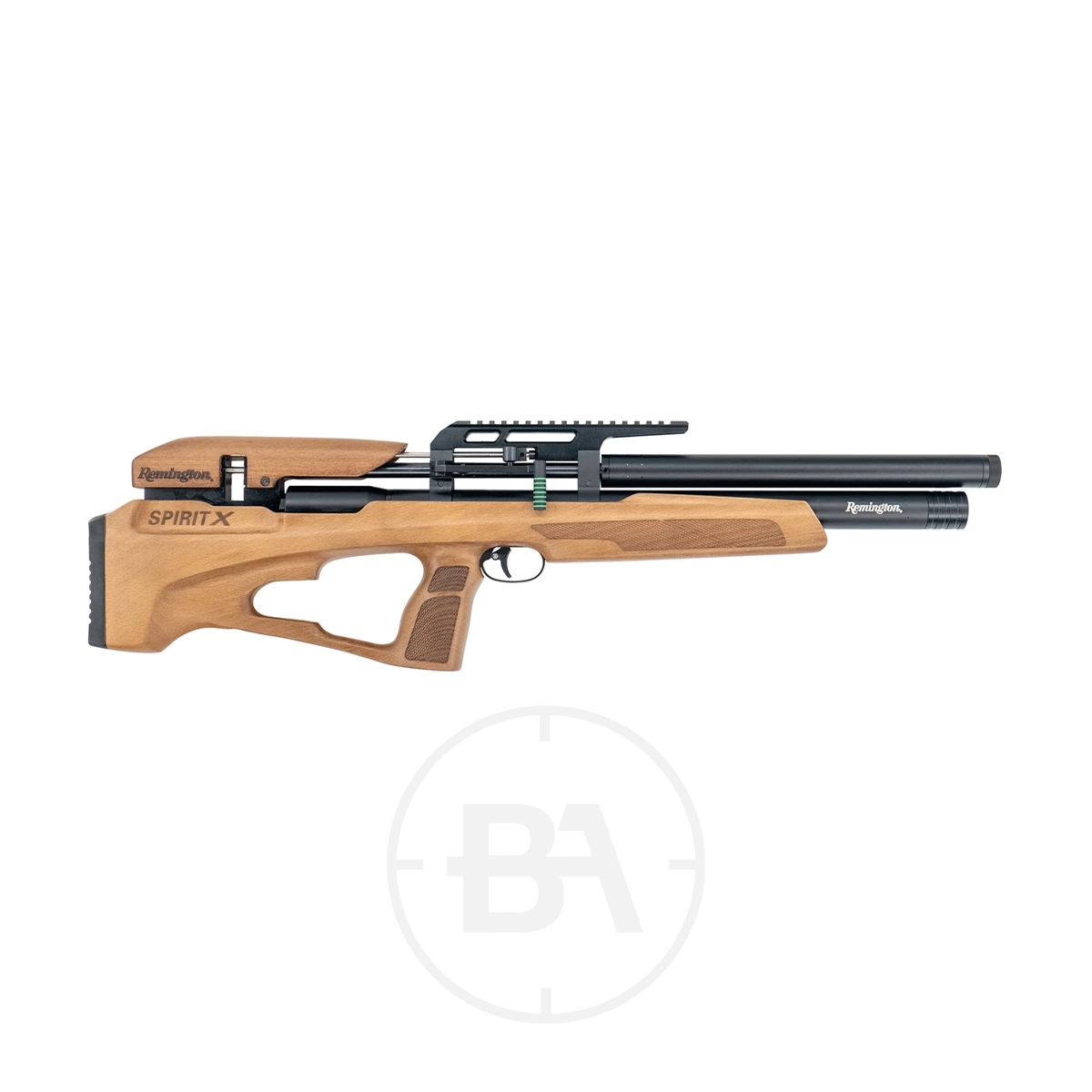 Remington Spirit X Bullpup PCP Air Rifle With Scope 1 Side view of a Remington Spirit X Bullpup PCP Air Rifle With Scope, featuring a wooden stock, black barrel, and mounted accessory rail, displayed on a white background.