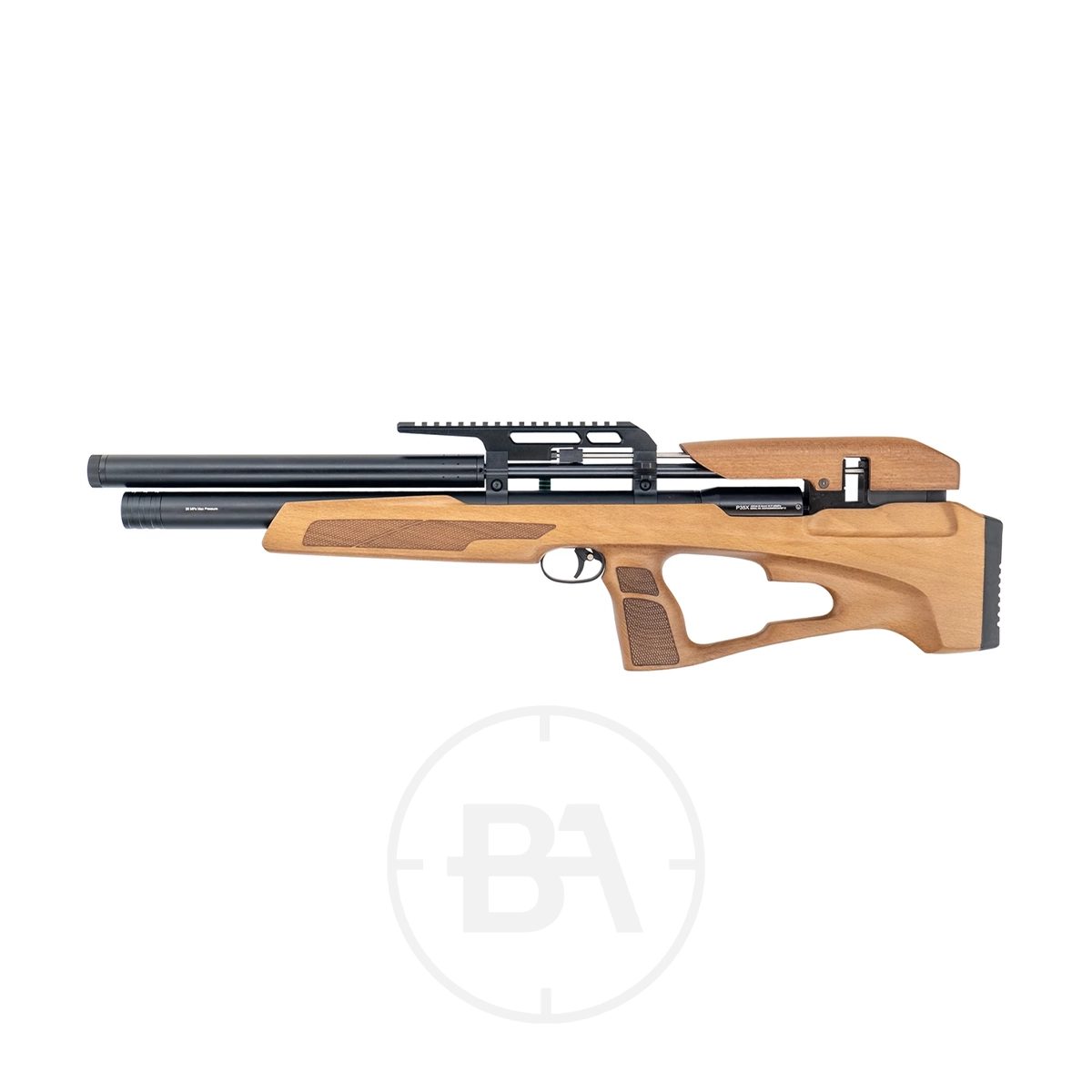 Remington Spirit X Bullpup PCP Air Rifle With Scope 3 The Remington Spirit X Bullpup PCP Air Rifle With Scope, featuring a wooden stock, black barrel, and upper accessory rail, is displayed on a white background.