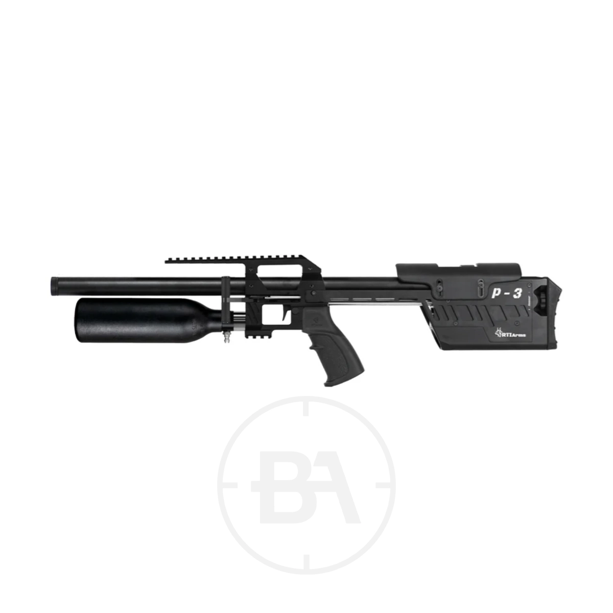 RTI Arms Prophet 3 Standard PCP Air Rifle 3 The RTI Arms Prophet 3 Standard PCP Air Rifle features a black tactical design with a large air cylinder under the barrel and a pistol grip.