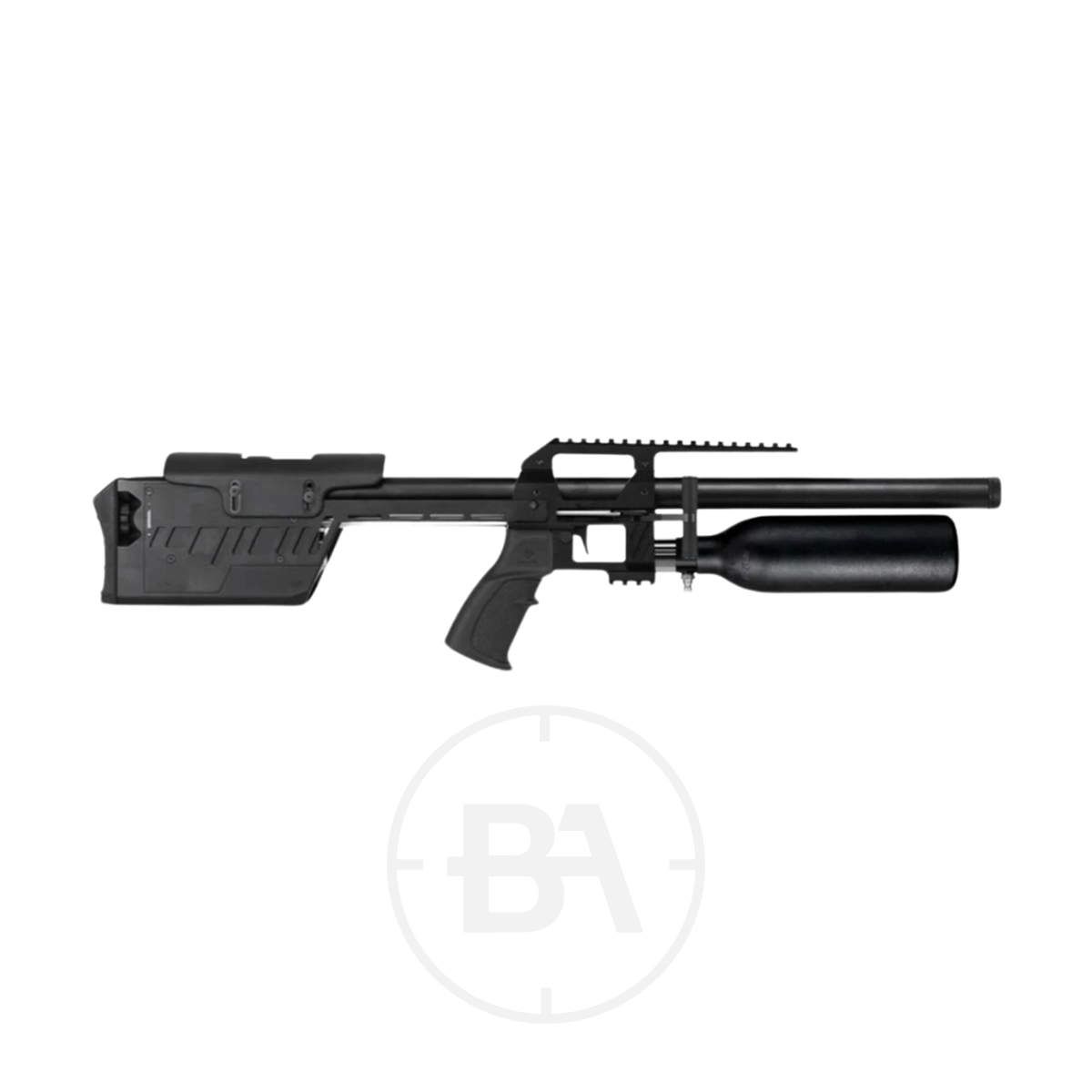 RTI Arms Prophet 3 Standard PCP Air Rifle 1 Side view of an RTI Arms Prophet 3 Standard PCP Air Rifle featuring a tactical stock, pistol grip, and large air cylinder beneath the barrel, displayed on a white background.