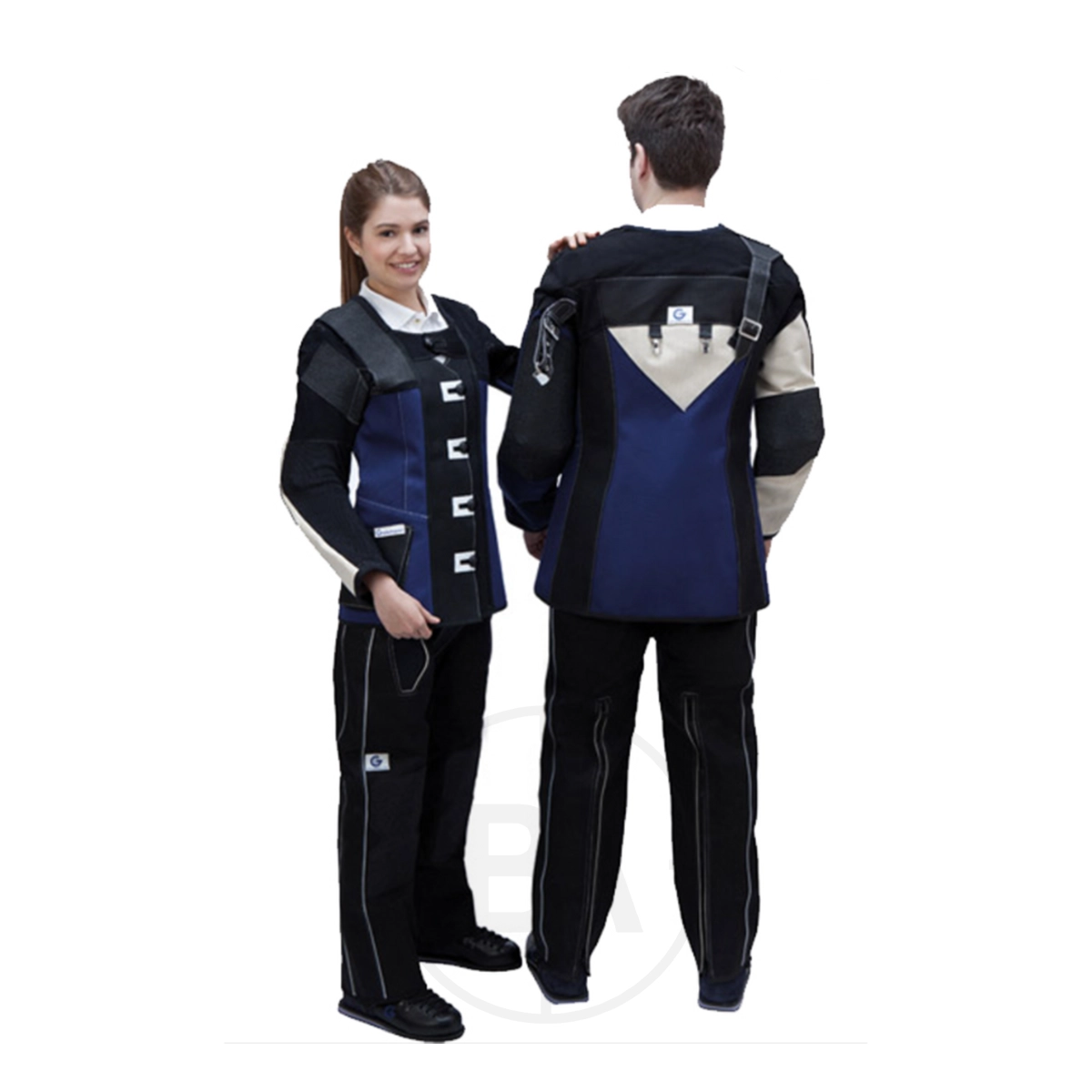 Gehmann Double Canvas Club Trousers 5 Two people wear the Gehmann Standard Double Canvas Jacket and pants on a white background; one faces forward, smiling, while the other displays the back of their jacket.