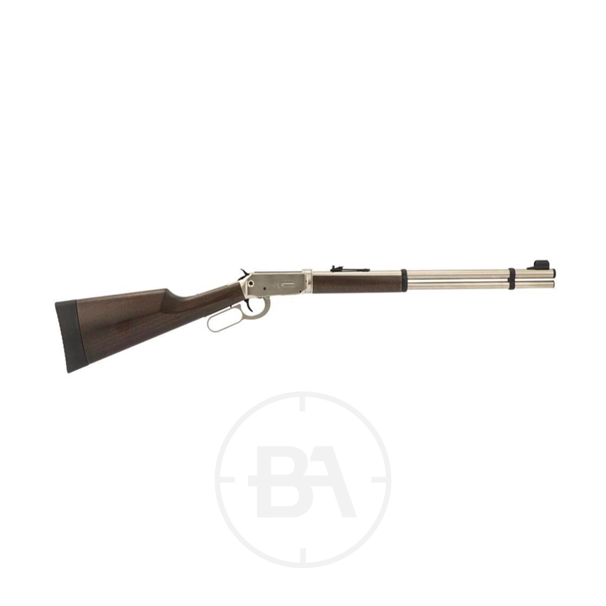 Walther Lever Action C02 Air Rifle 1 A lever-action rifle with a wooden stock, stainless steel receiver, and barrel, displayed on a plain white background.