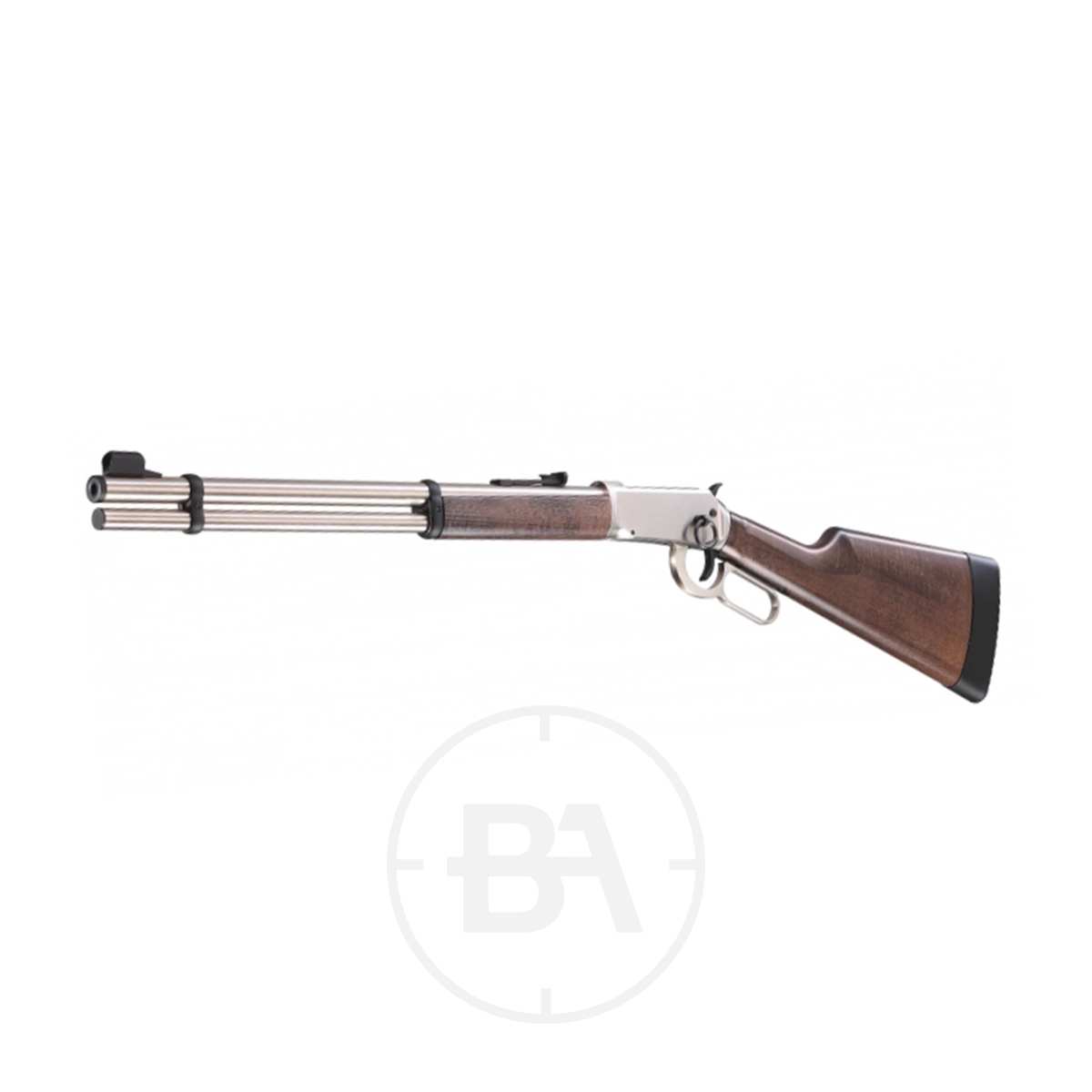 Walther Lever Action C02 Air Rifle 3 A lever-action rifle with a wooden stock, silver metal receiver, and black rubber butt pad, displayed on a white background.