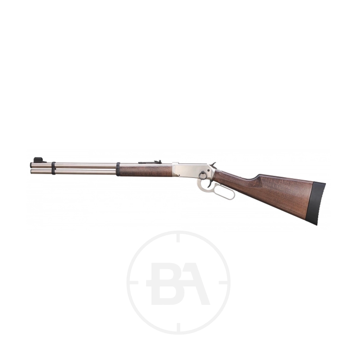 Walther Lever Action C02 Air Rifle 5 A lever-action rifle with a silver metal receiver, barrel, and a wooden stock, shown in a side profile on a plain white background.