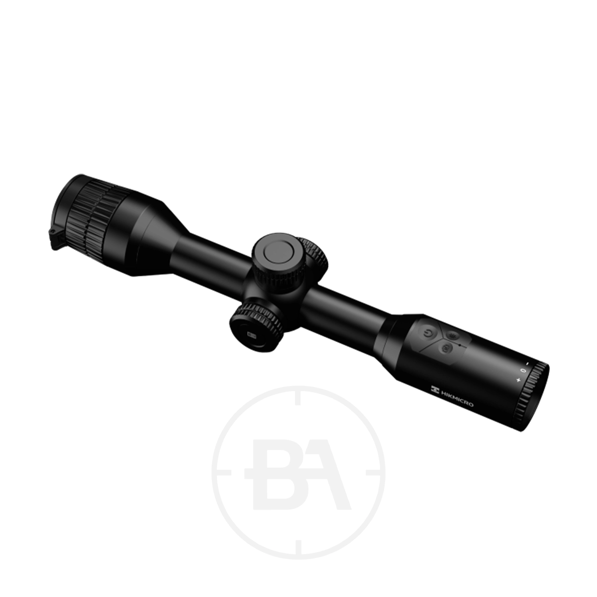 HIKMICRO Stellar SH35 Thermal Imaging Rifle Scope 5 The HIKMICRO Stellar SH35 Thermal Imaging Rifle Scope features adjustment knobs and a textured eyepiece, shown on a white background with a faint “BA” watermark.