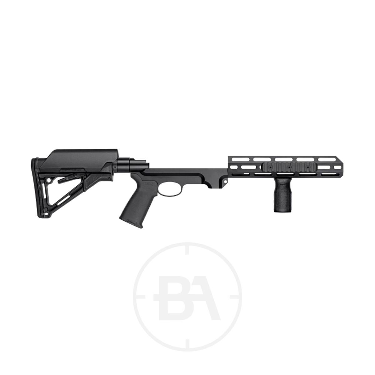 Air Arms AR Tactical Stock Assembly 1 The Air Arms AR Tactical Stock Assembly is a black modular rifle chassis with an adjustable buttstock, pistol grip, and handguard with vertical foregrip, displayed on a plain white background.