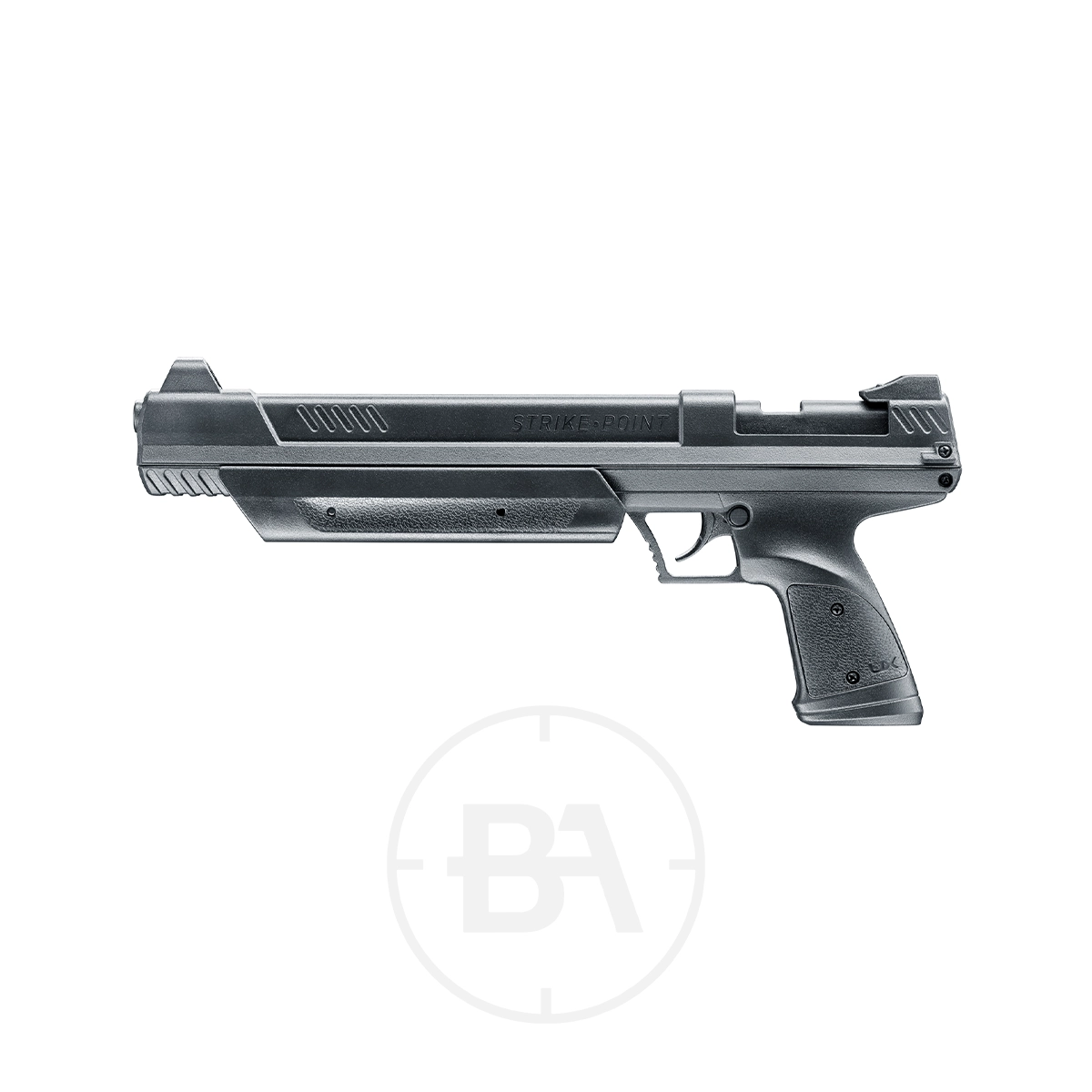 Umarex UX Strike Point Pneumatic Pistol 1 The Umarex UX Strike Point Pneumatic Pistol, featuring a black finish, textured grip, and extended barrel, is displayed against a white background.