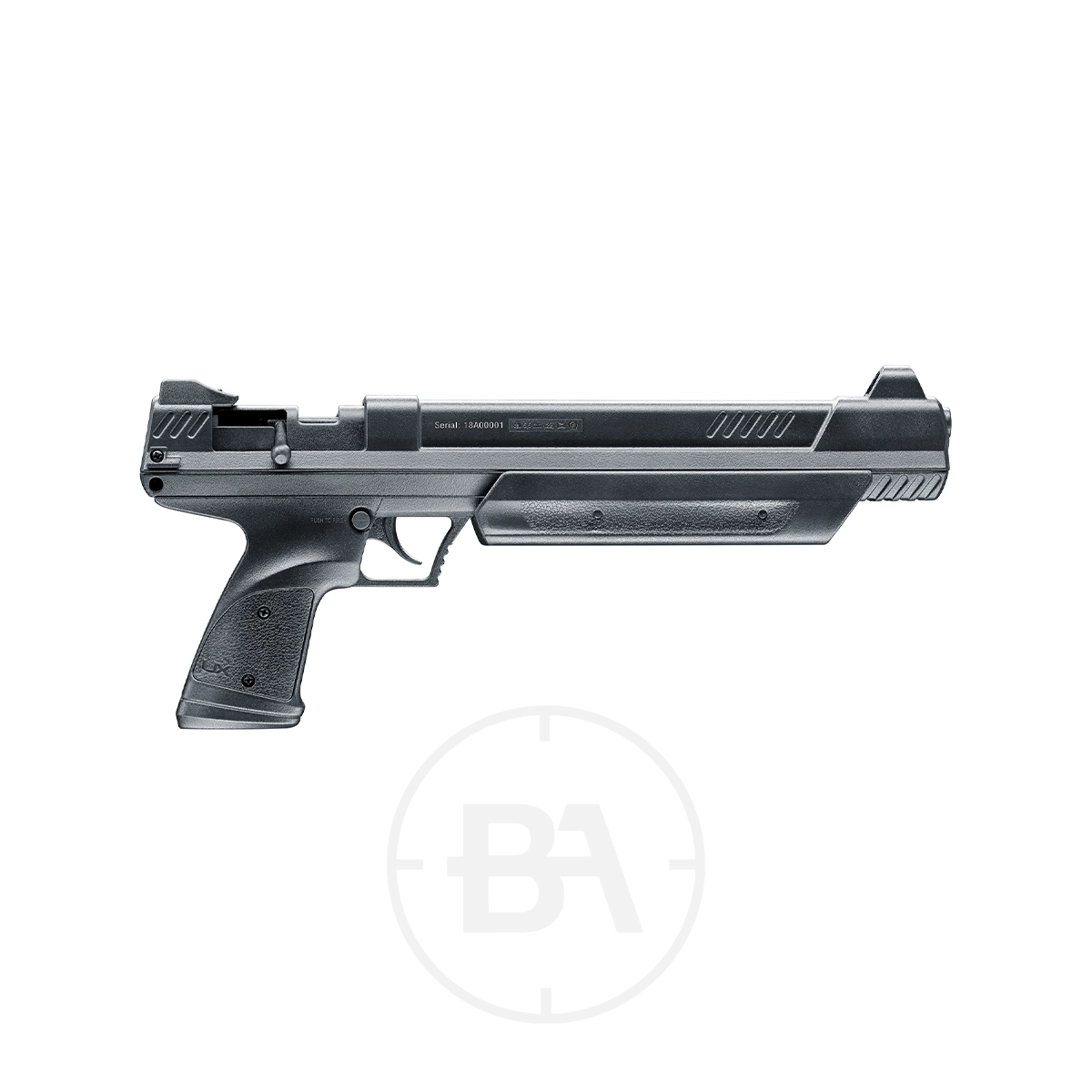 Umarex UX Strike Point Pneumatic Pistol 3 Umarex UX Strike Point Pneumatic Pistol in black, featuring a textured grip and elongated barrel, shown on a white background with a faint circular BA logo underneath.
