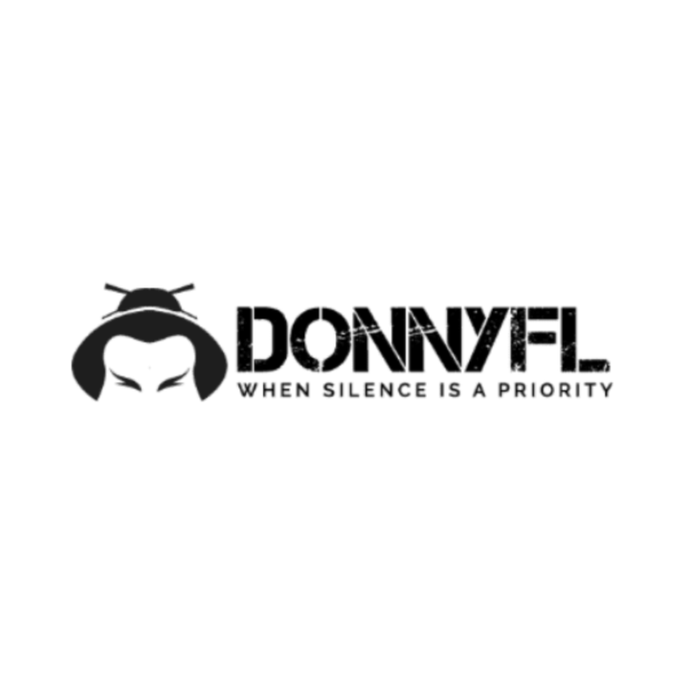Logo featuring a stylised ninja face with chopsticks in its hair, next to the text “DONNYFL” in bold, distressed letters and the tagline “WHEN SILENCE IS A PRIORITY” beneath it.
