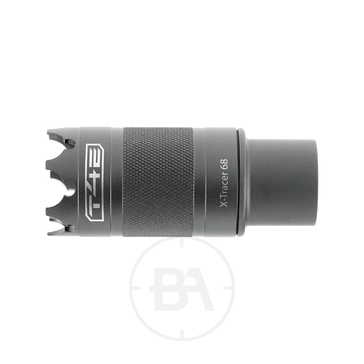 Umarex T4E X-Tracer 68 UV Tracer & Muzzle Flash Unit 1 A cylindrical metal Umarex T4E X-Tracer 68 UV Tracer & Muzzle Flash Unit with a knurled grip and toothed front edge is shown against a plain white background.