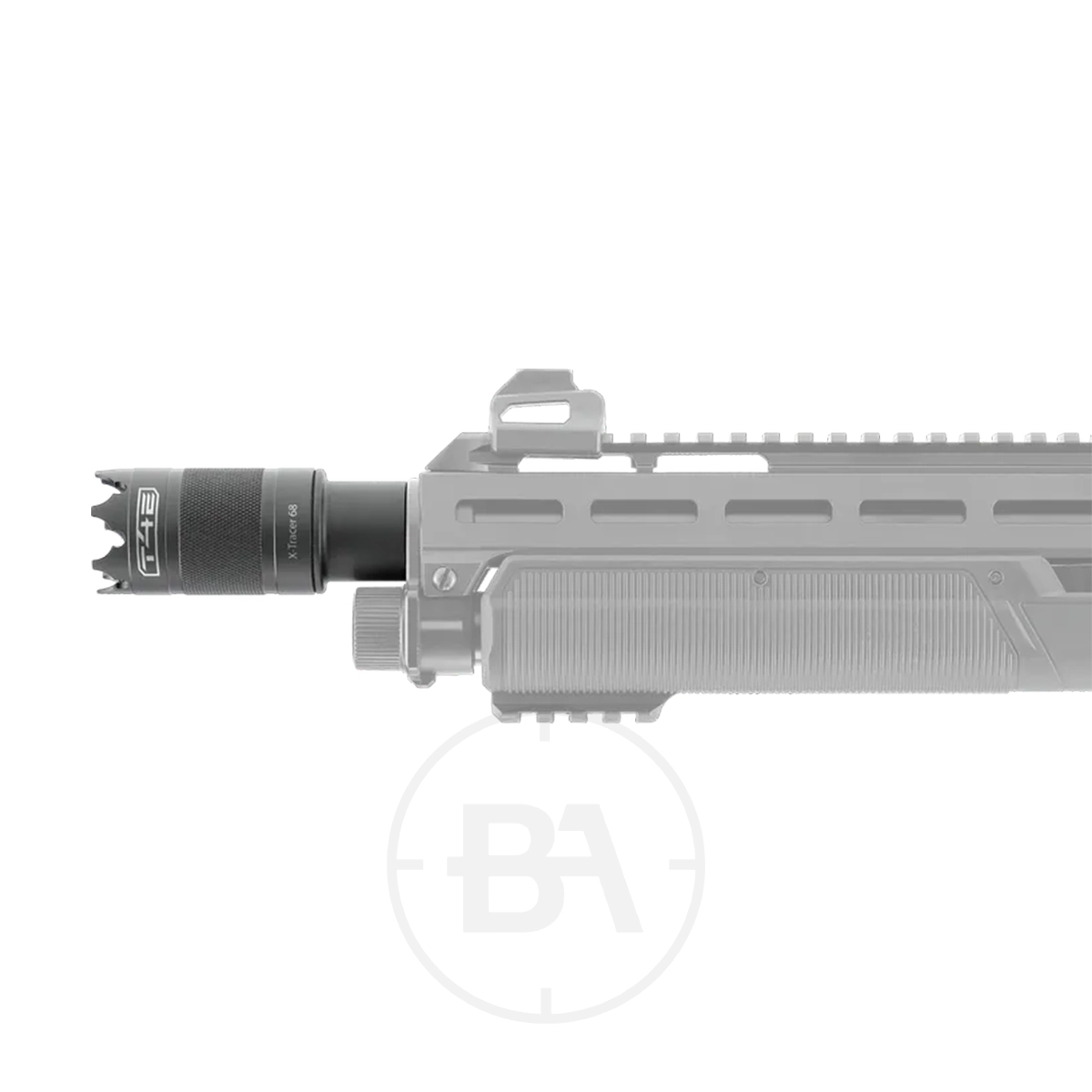 Umarex T4E X-Tracer 68 UV Tracer & Muzzle Flash Unit 3 A black flashlight is mounted on the side rail of a partially visible Umarex T4E rifle featuring a textured handguard and iron sight, perfect for pairing with the Umarex T4E X-Tracer 68 UV Tracer & Muzzle Flash Unit.