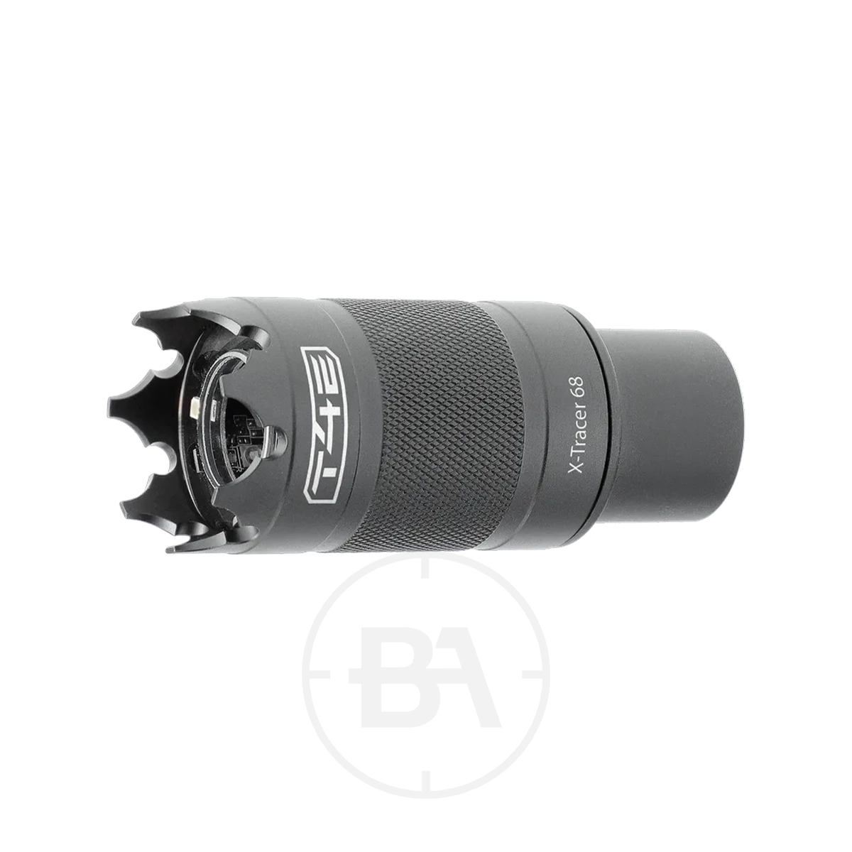Umarex T4E X-Tracer 68 UV Tracer & Muzzle Flash Unit 5 The Umarex T4E X-Tracer 68 UV Tracer & Muzzle Flash Unit is a cylindrical black metal accessory with a textured grip, vented cap, and pronged front edge, designed for compatibility with Umarex T4E markers. Seen on a white background.