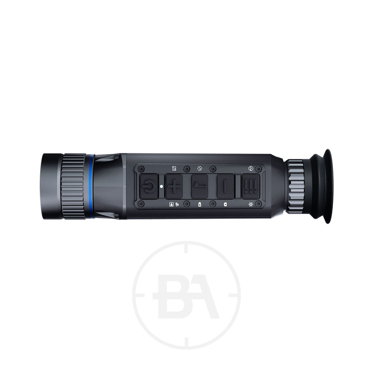 PARD TA32 2.0 Thermal Monocular 3 The PARD TA32 2.0 Thermal Monocular is a black handheld device with multiple buttons, dials, and a textured grip. Its eyepiece is on the right side, and it is displayed from above on a white background.