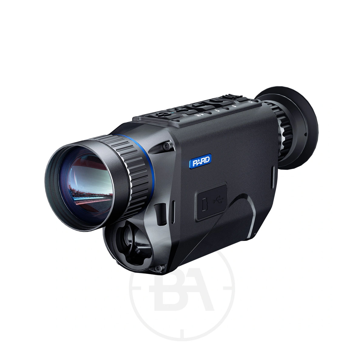 PARD TA32 2.0 Thermal Monocular 1 The PARD TA32 2.0 Thermal Monocular is a black handheld device featuring a large front lens, top control buttons, a blue "PARD" logo on the side, back eyepiece, and a USB port for easy access to thermal imaging.