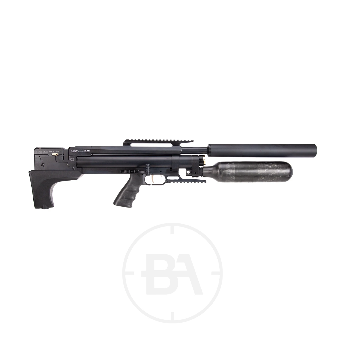 Taipan Veteran II Tactical Regulated PCP Air Rifle 1 The Taipan Veteran II is a black bullpup-style tactical PCP air rifle featuring a large air cylinder, sound moderator, pistol grip, and Picatinny rails on top and bottom, displayed on a white background.