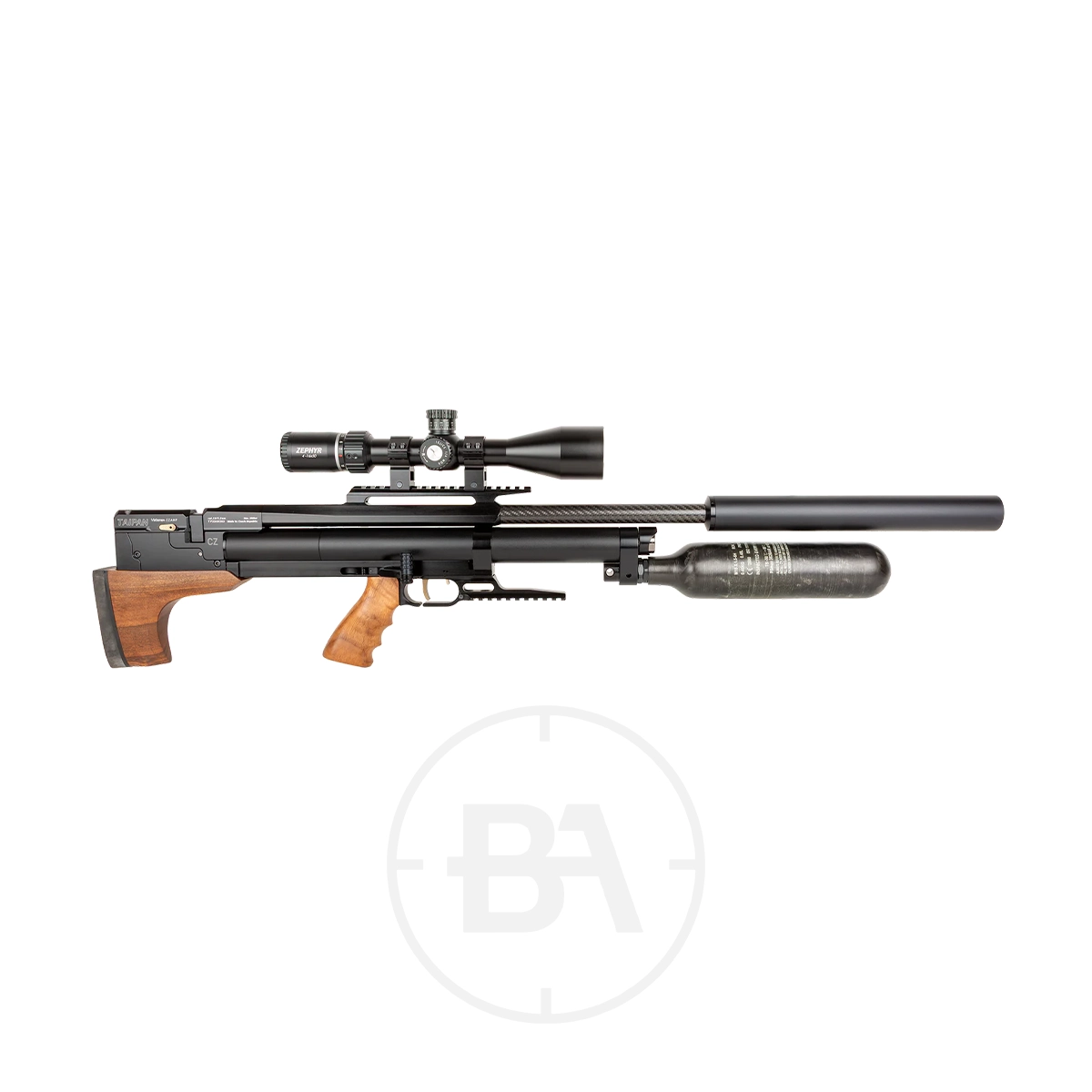 Taipan Veteran II Tactical Regulated PCP Air Rifle 15 A black and brown Tactical PCP Air Rifle with a wooden grip, mounted scope, and carbon fibre air tank, shown in profile on a white background.