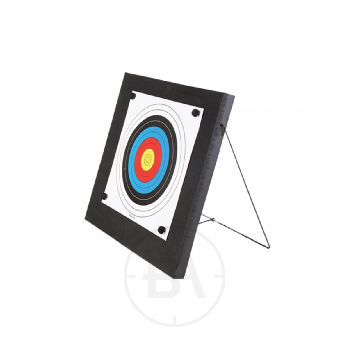 High Density Foam Target Kit With Stand 1 The High Density Foam Target Kit With Stand features a square target with colored rings, mounted on a black frame and foldable metal stand, displayed against a white background.