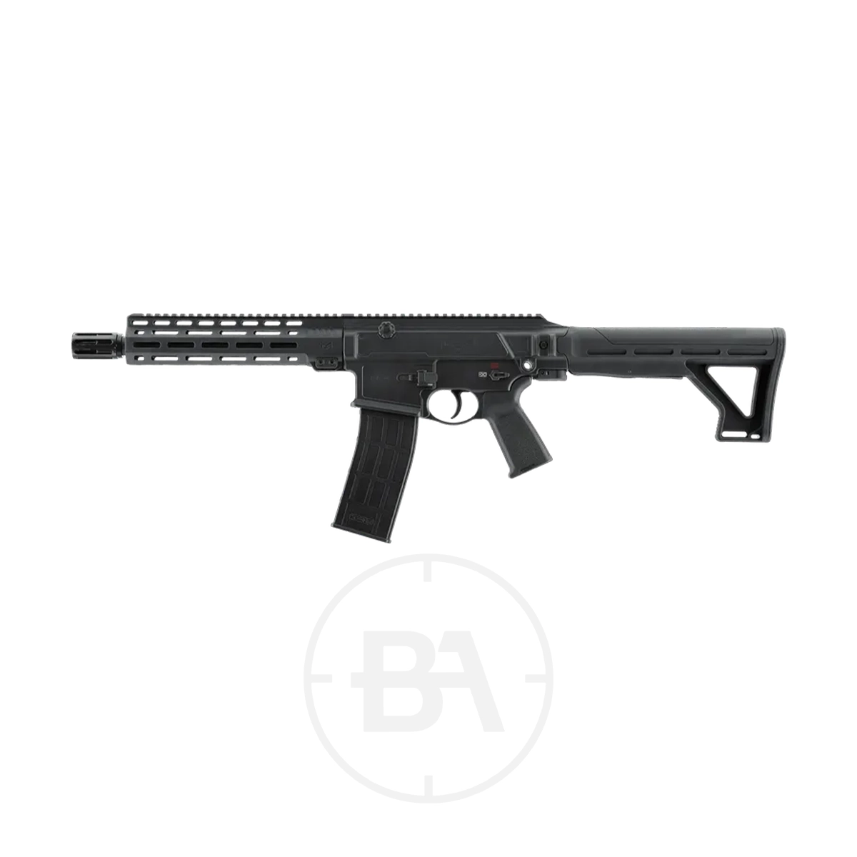 Umarex T4E TC 68 CO2 Paintball Rifle 3 The Umarex T4E TC68 CO2 Paintball Rifle, featuring a rail system, adjustable stock, pistol grip, and magazine, is shown in black on a white background.