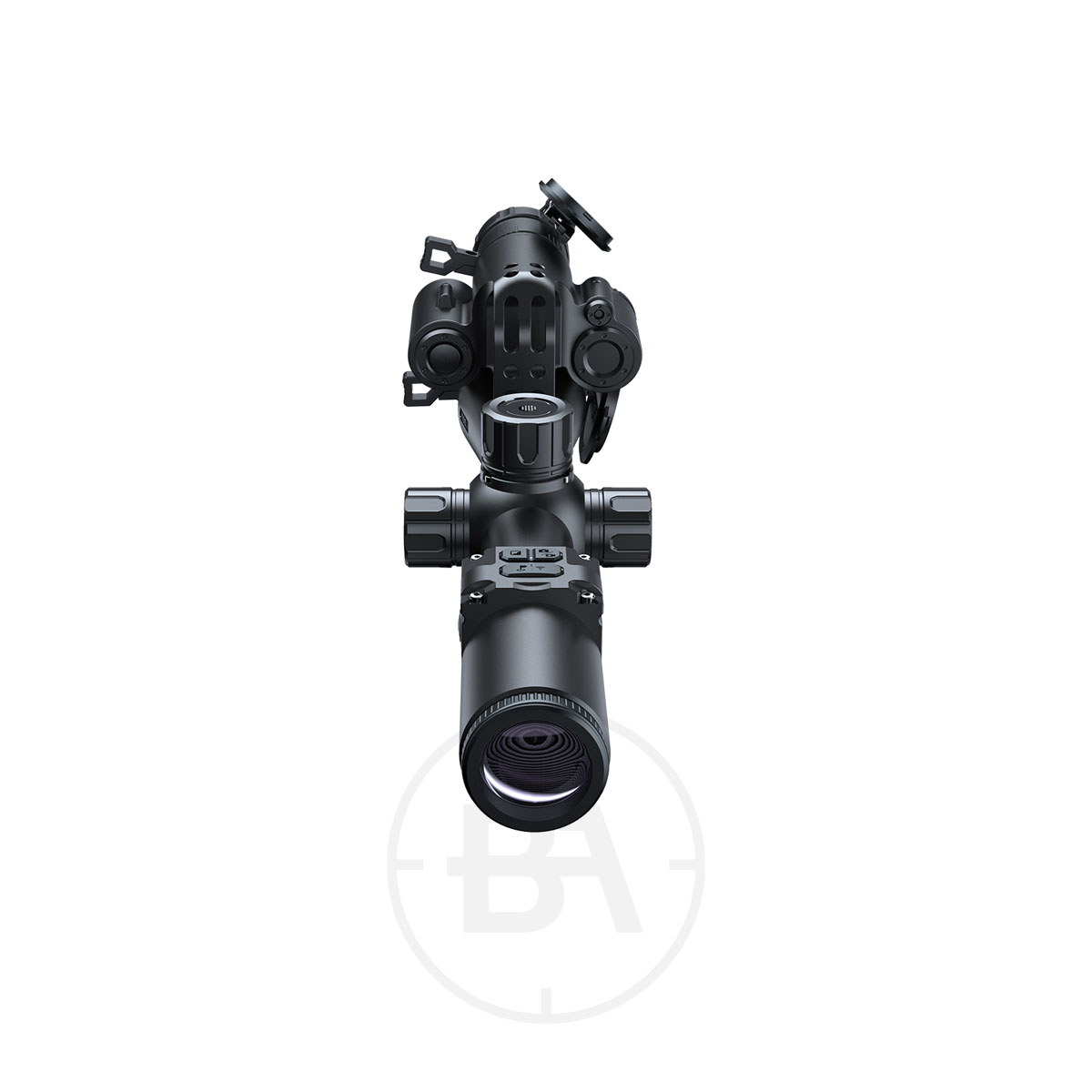PARD TD62 Thermal and Night Vision Rifle scope 2 Front view of a black PARD TD32/62 Thermal and Night Vision Rifle Scope with adjustment knobs and mounting hardware, shown on a white background with a faint circular logo watermark underneath.