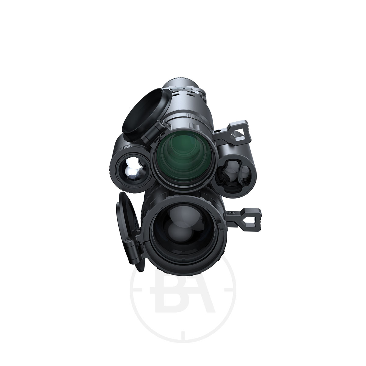PARD TD62 Thermal and Night Vision Rifle scope 4 A front view of the PARD TD32/62 Thermal and Night Vision Rifle Scope shows several attached lens caps, both open and closed, against a white background.