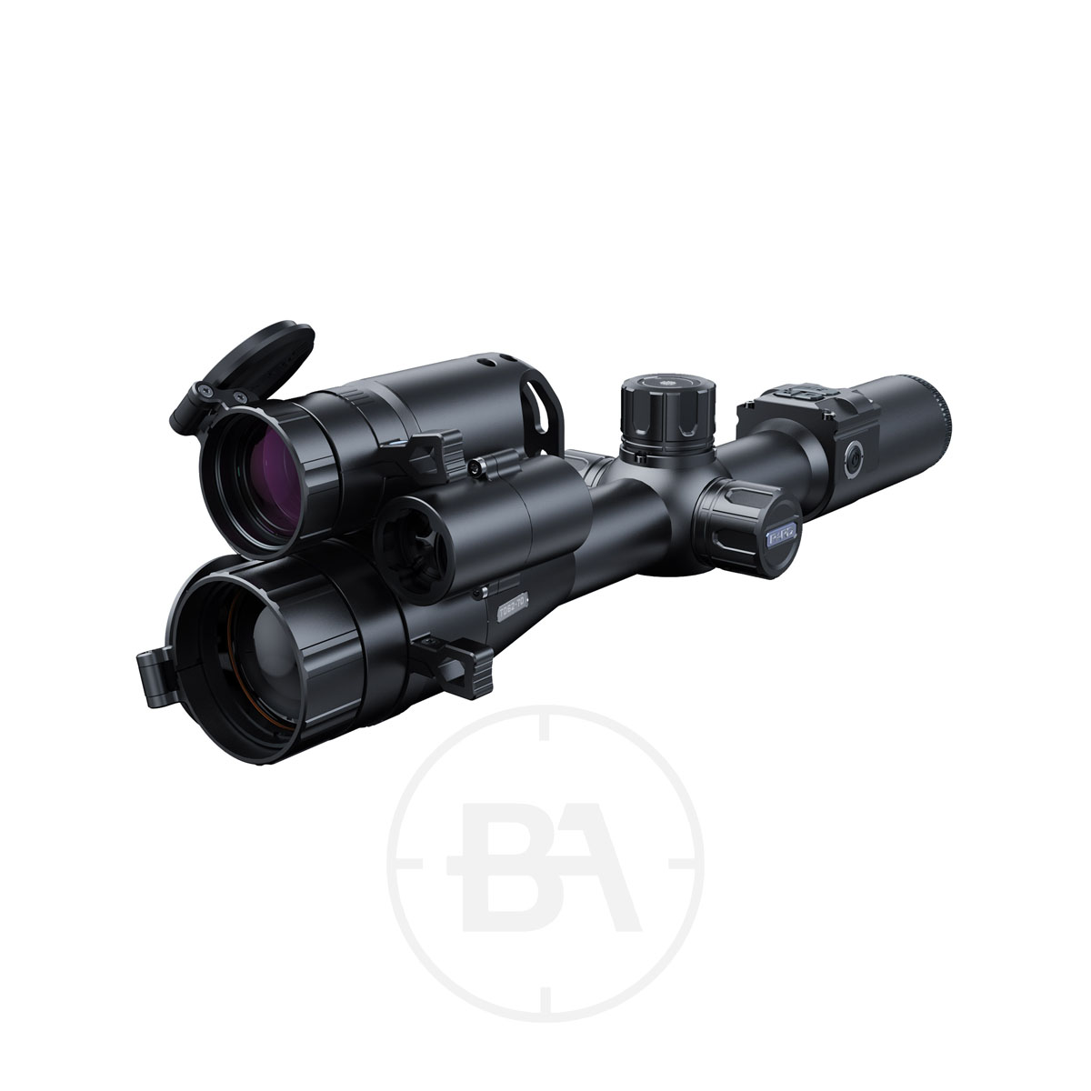 PARD TD62 Thermal and Night Vision Rifle scope 1 A PARD TD32/62 Thermal and Night Vision Rifle Scope in black, equipped with adjustment dials and lens covers, is shown on a white background with a subtle "BA" logo underneath.