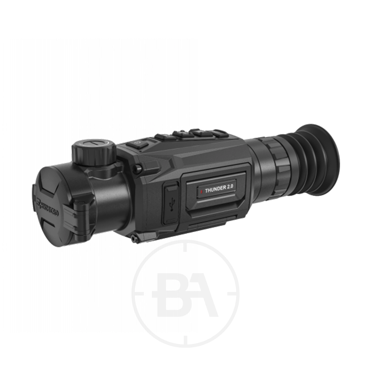 HIKMICRO Thunder 2.0 TH35 Smart Thermal Scope With Rail 3 The HIKMICRO Thunder 2.0 TH35 Smart Thermal Scope With Rail in black features a labeled body, lens cover, control buttons, and rubber eyepiece—ideal for precise targeting in any environment.