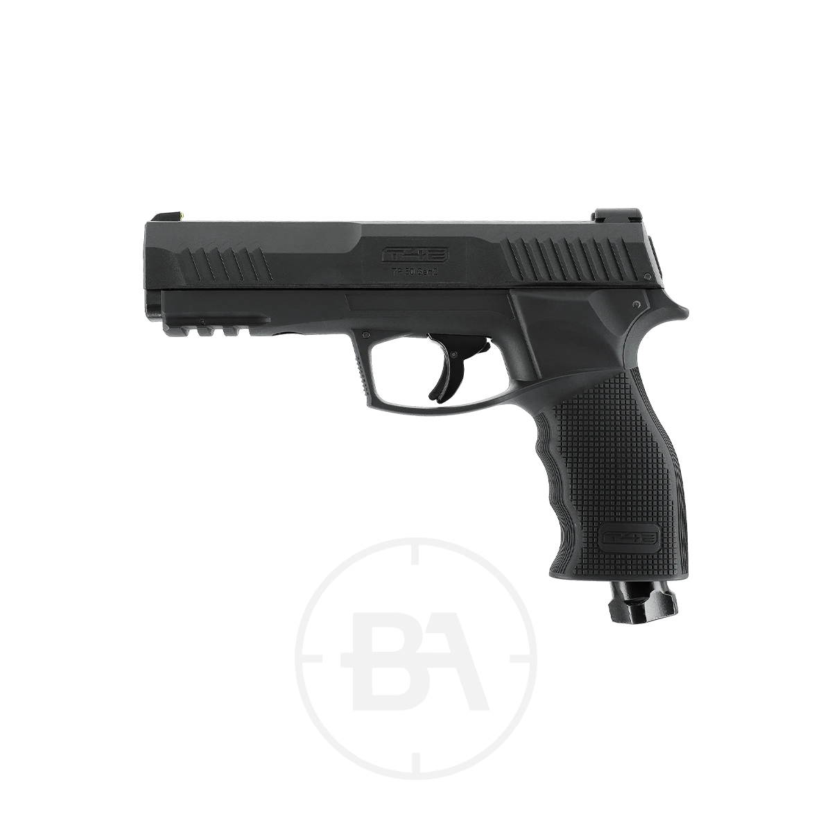 Umarex T4E TP 50 Gen 2 C02 Paintball Pistol With 50x Paintballs 1 A black semi-automatic pistol with textured grip, resting on a white background.