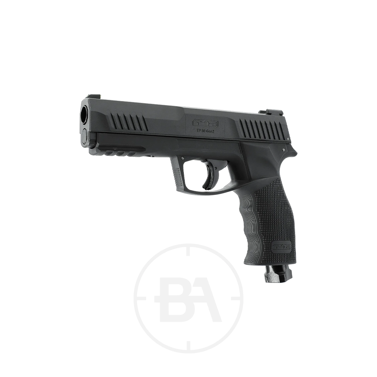 Umarex T4E TP 50 Gen 2 C02 Paintball Pistol With 50x Paintballs 3 A black semi-automatic handgun with textured grip, trigger guard, and accessory rail, displayed against a white background.