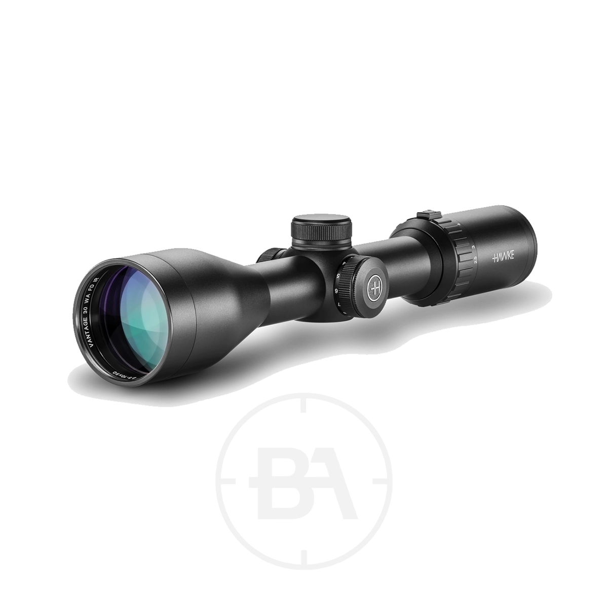 Hawke Vantage 30 WA FD 2.5-10 x50 With Mounts 1 A Hawke Vantage 30 WA FD 2.5-10x50 With Mounts rifle scope, featuring adjustment knobs and a large objective lens, shown at an angle against a white background.