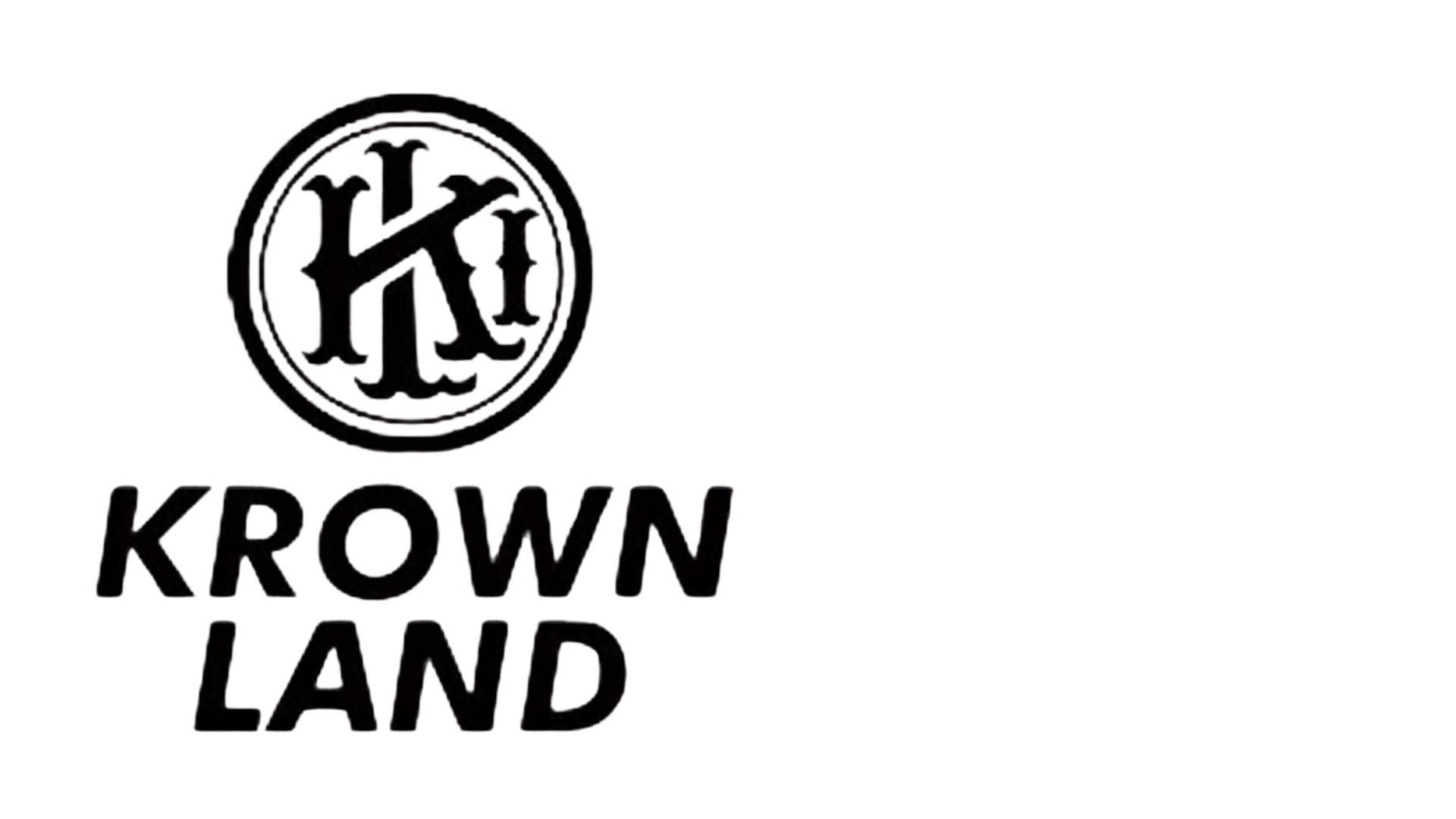 Black logo with a circular emblem containing ornate letters “K” and “L.” To the right, bold black text reads “KROWN LAND” on two lines, all on a white background.