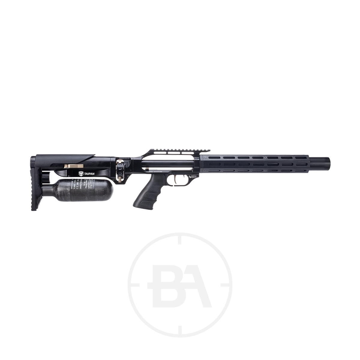 Taipan Slash Tactical Regulated PCP Air Rifle 1 The Taipan Slash Tactical PCP Air Rifle features a modern black design with a pistol grip, tactical stock, and a large air cylinder beneath the barrel, shown against a white background.