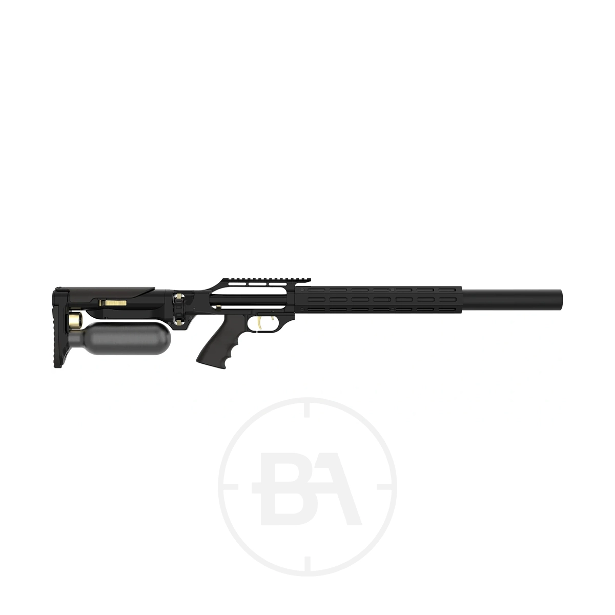 Taipan Slash Tactical Regulated PCP Air Rifle 2 Side view of a Taipan Slash Tactical PCP Air Rifle in .177 calibre, featuring a modern black design with a long barrel, tactical stock, and attached air cylinder, displayed against a white background.