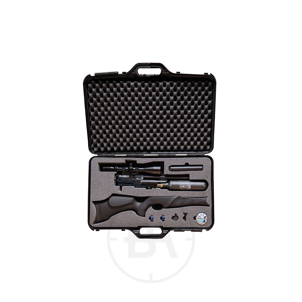 BSA R12 CLX Take Down PCP Air Rifle With Hard Case 3 The BSA R12 CLX Take Down PCP Air Rifle with accessories is organized inside its foam-padded hard case, lid open, ready for transport.