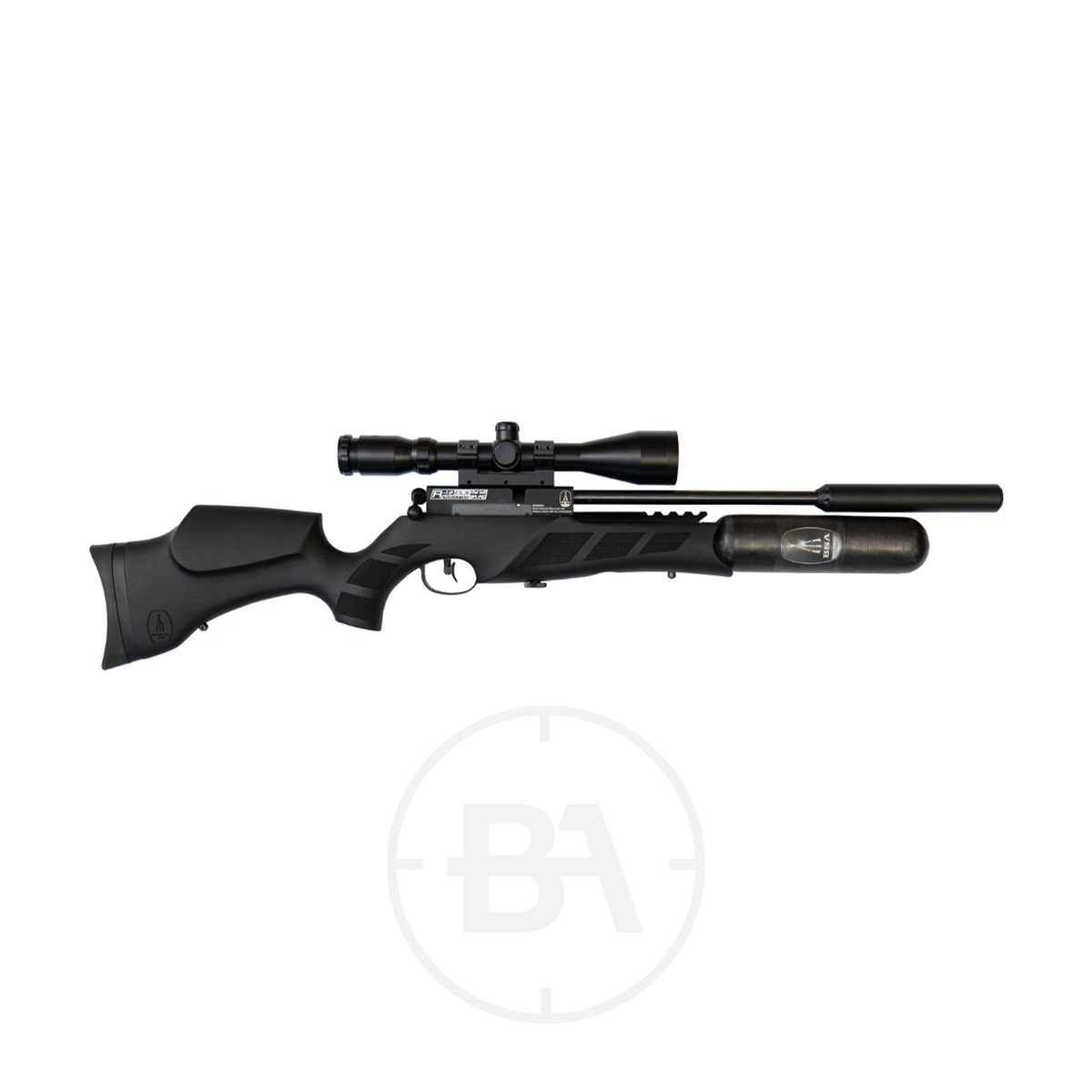 BSA R12 CLX Take Down PCP Air Rifle With Hard Case 1 Side view of a BSA R12 CLX Take Down PCP Air Rifle with a mounted scope and cylindrical air tank, shown on a white background. Comes with a hard case.