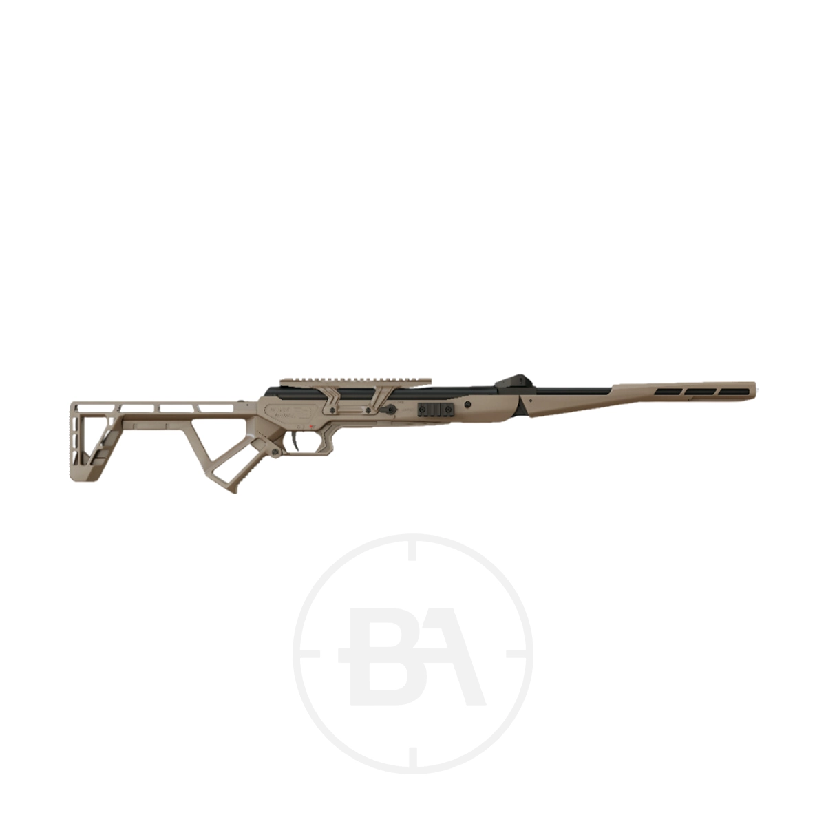 Black Bunker BM8 Folding Gas Ram Air Rifle With Hard Case 15 Tan precision chassis with adjustable skeletal stock and ventilated forend, shown on white background with faint circular logo—compatible with the Black Bunker BM8 Folding Gas Ram Air Rifle With Hard Case for added versatility.